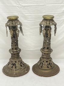 Pr Nepali Brass Ornate Panas-Candle Holders - Heavy Brass with Ornate Design 19''T