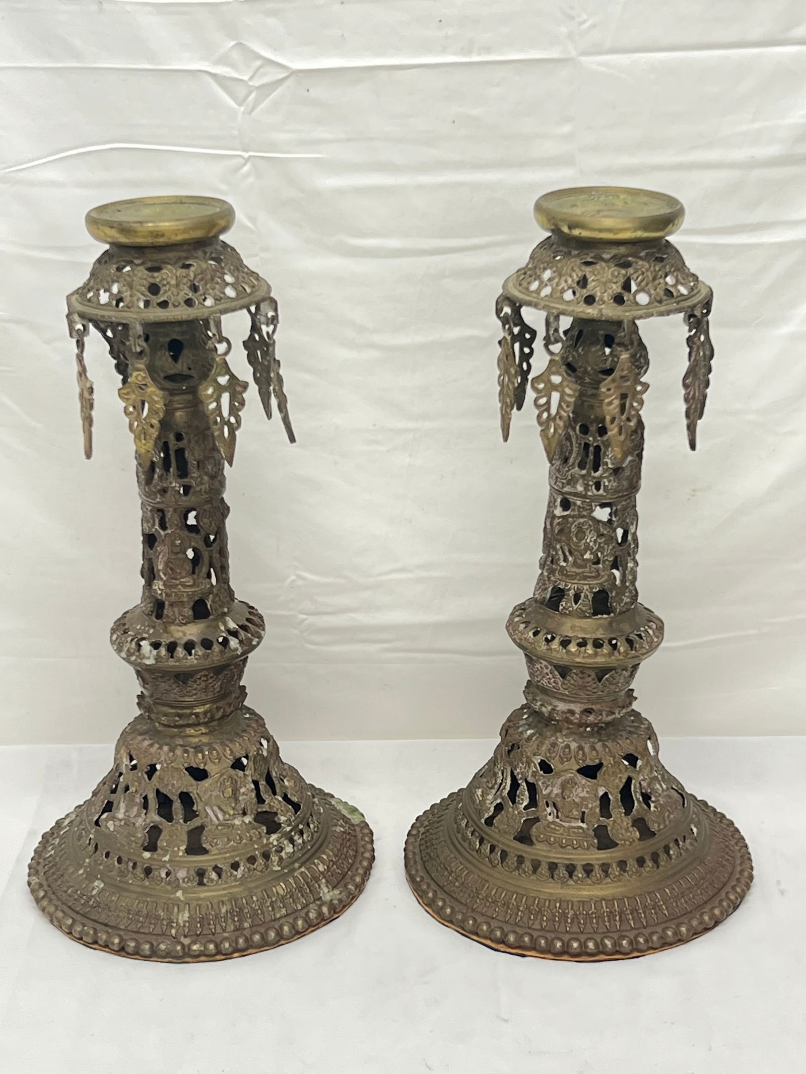 Pr Nepali Brass Ornate Panas-Candle Holders - Heavy Brass with Ornate Design 19''T (1 of 5)