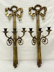 Pr Vintage French Brass Wall Sconces - Triple Arm Scrolled Candelabra 11''x 6.5'' x 28''