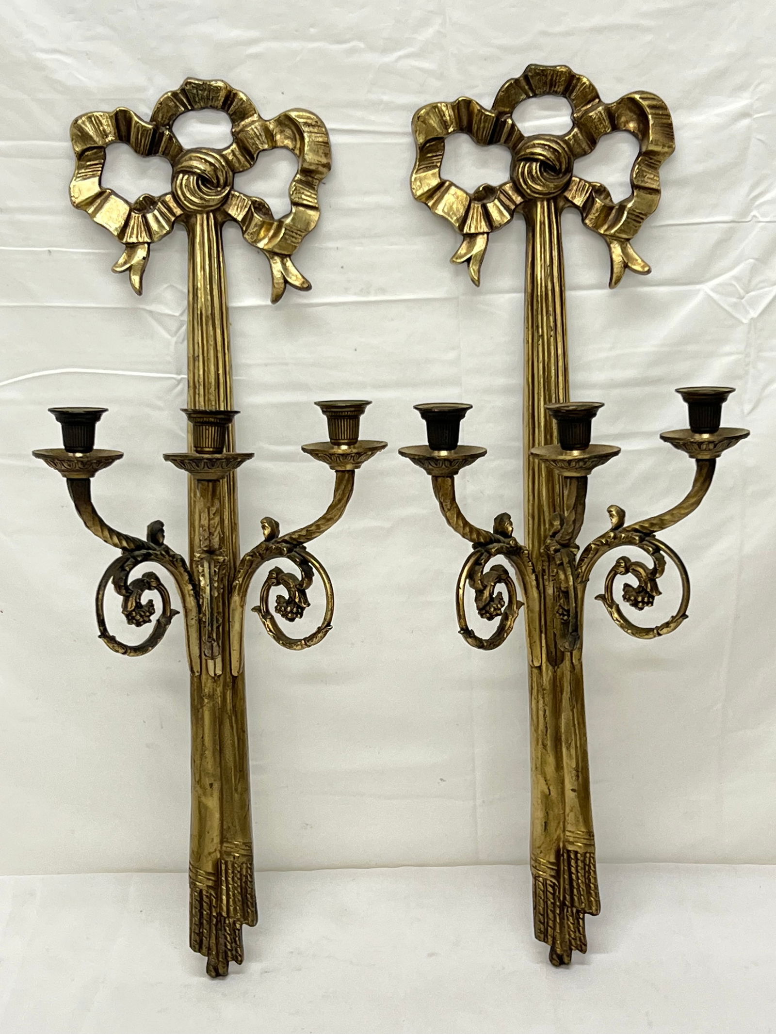 Pr Vintage French Brass Wall Sconces - Triple Arm Scrolled Candelabra 11''x 6.5'' x 28'' (1 of 5)