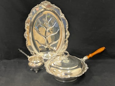 3pcs Silverplated - Handled Hot Dish, Pot with Tray - Reed & Barton Regent Handled Pot, Reed Barton