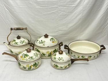 5pc ASTA Fissler German Enamelware Trumpet Squash - Dutch Oven, Covered Pots, Pan, Teapot