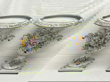 Pr Handpainted Portugal Planter Pots 13.5'' x 16'' - Hallmarked #d 543 - (See Photos , Small Chip)