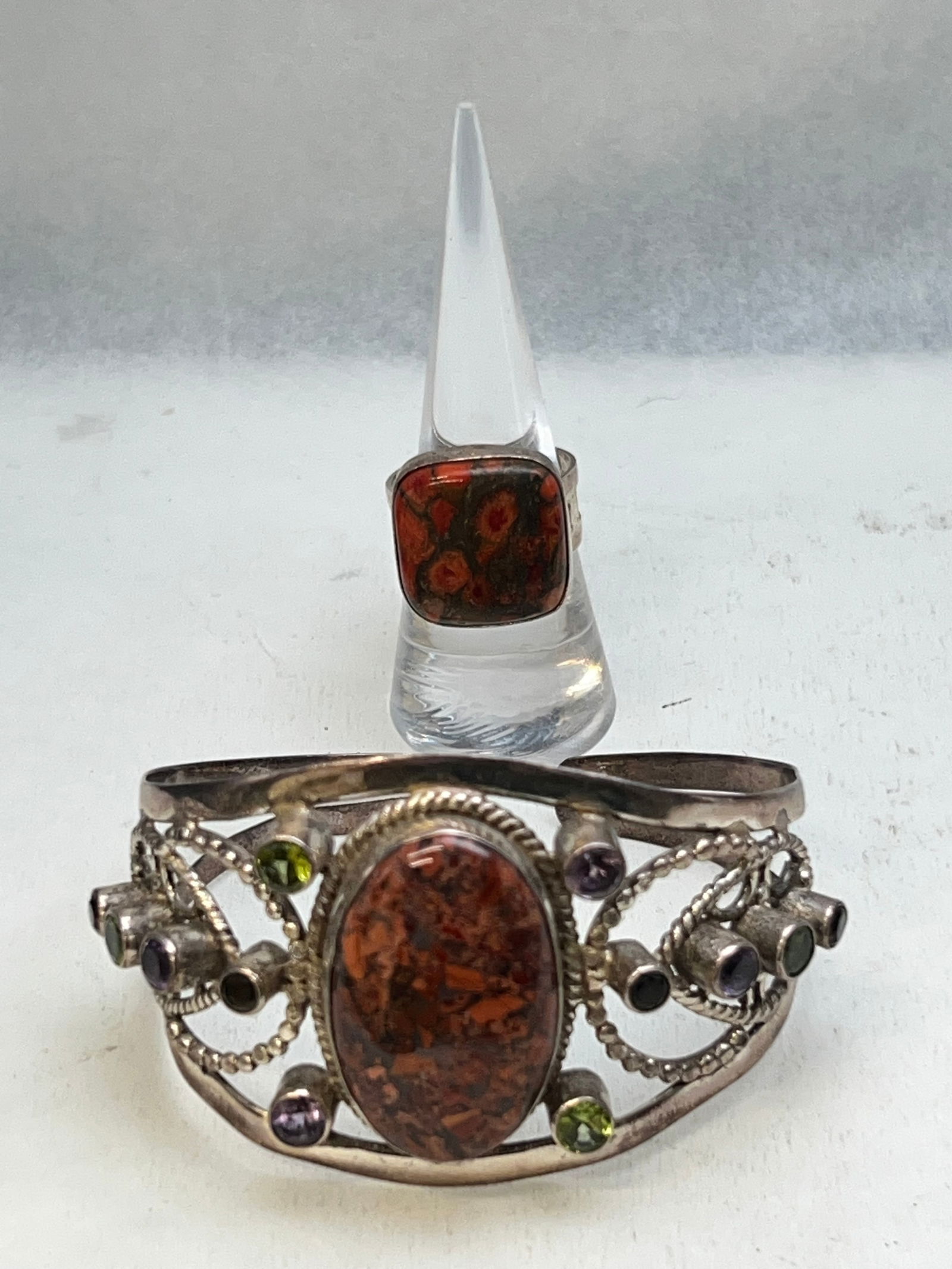 Sterling Ring & Cuff Bracelet Amethyst Peridot - Molted Brick Color Stone Jasper? with (12)Round Cut (1 of 6)