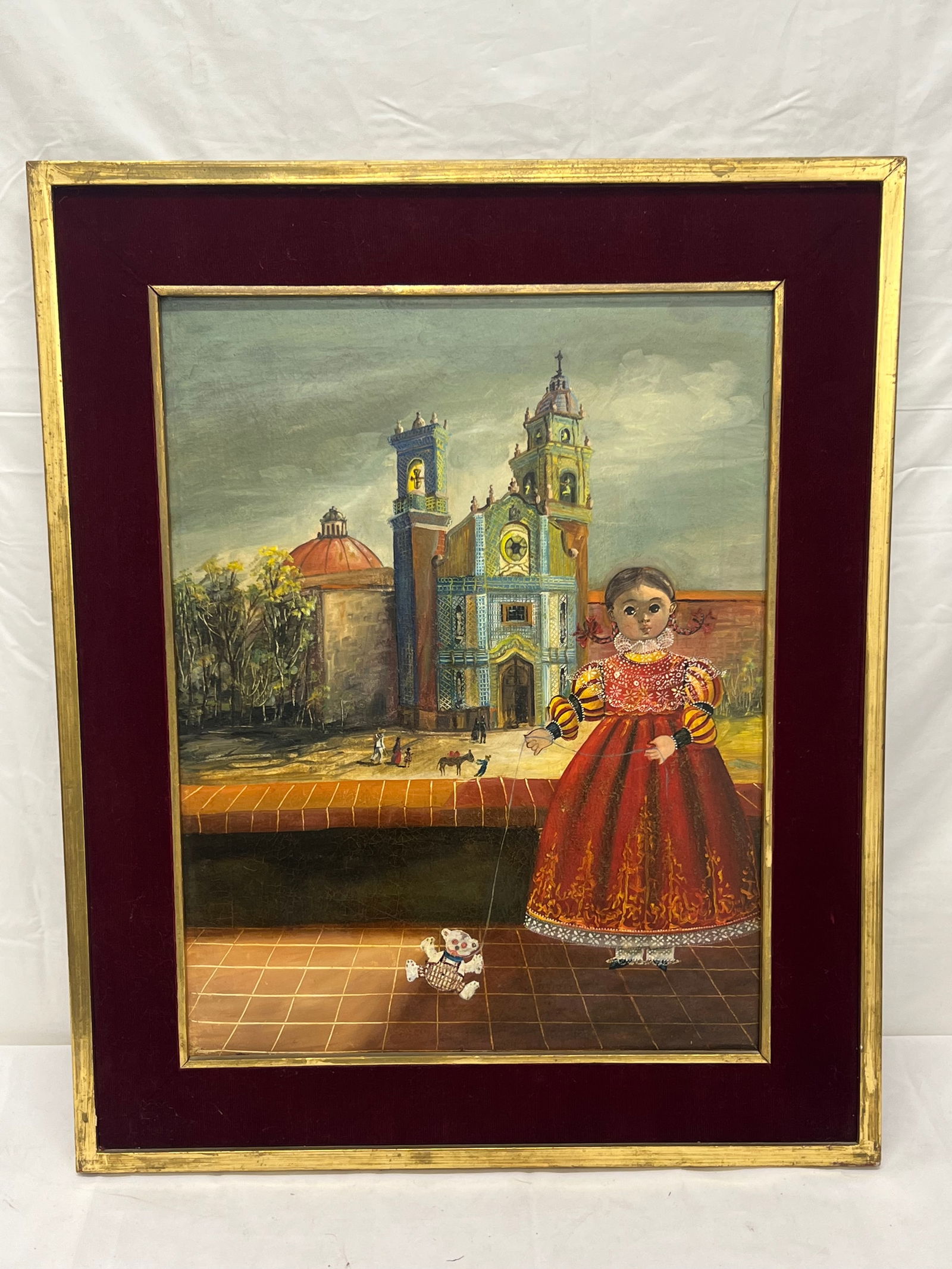 Agapito Labios(1898-1996)Mexican Folk Art Original Oil - 'Young Girl with Teddy Bear' , Framed 25'': Agapito Labios(1898-1996)Mexican Folk Art Original Oil - 'Young Girl with Teddy Bear' , Framed 25'' x 30.5'' , Sight 18.25'' x 24'' - (Repaired, See Photos)