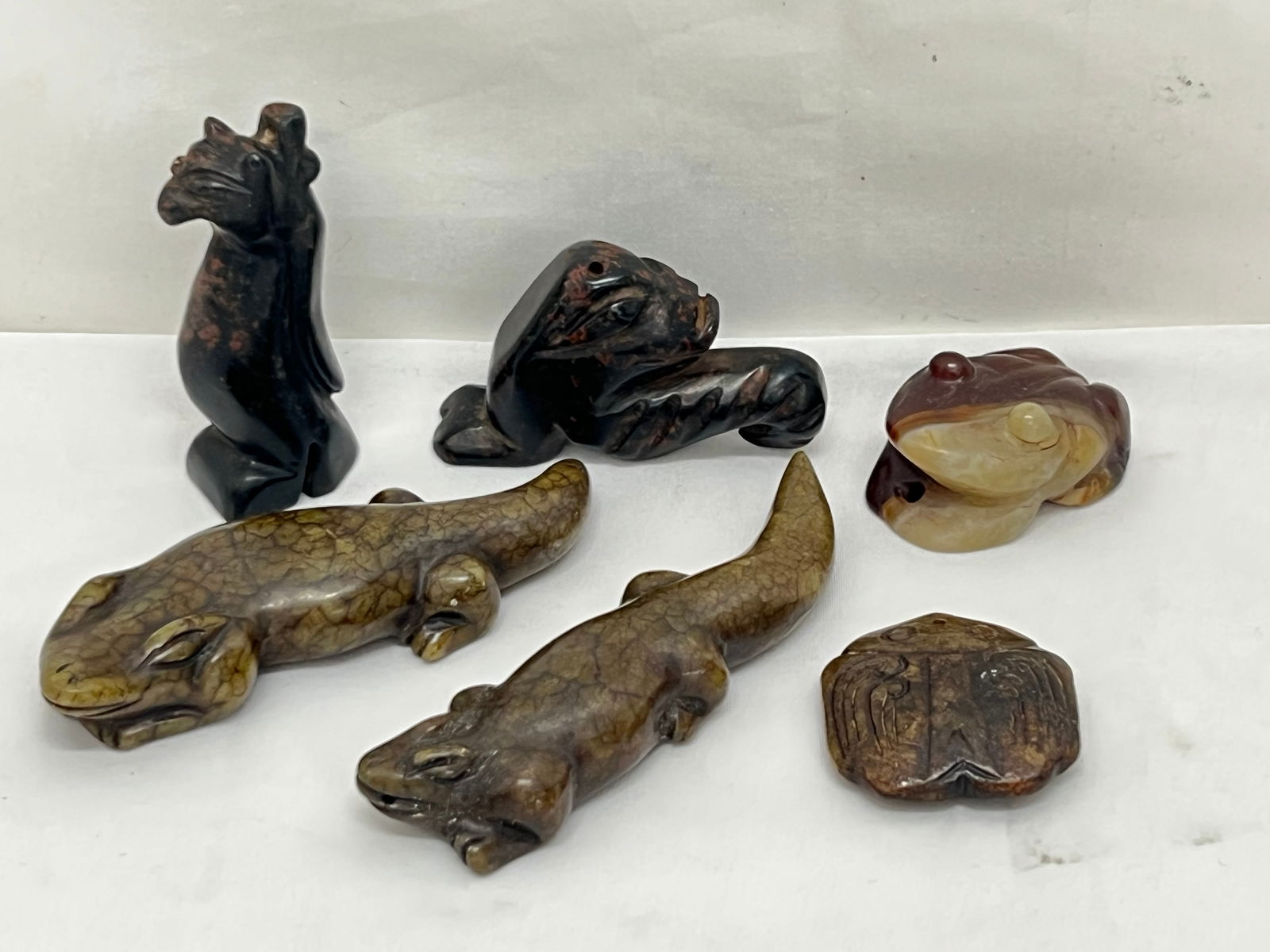 (6)Antique Chinese Carved Toggle Stone Figures - Frog, Alligator, Lizard & More - 4.5''L Lizard, (1 of 7)