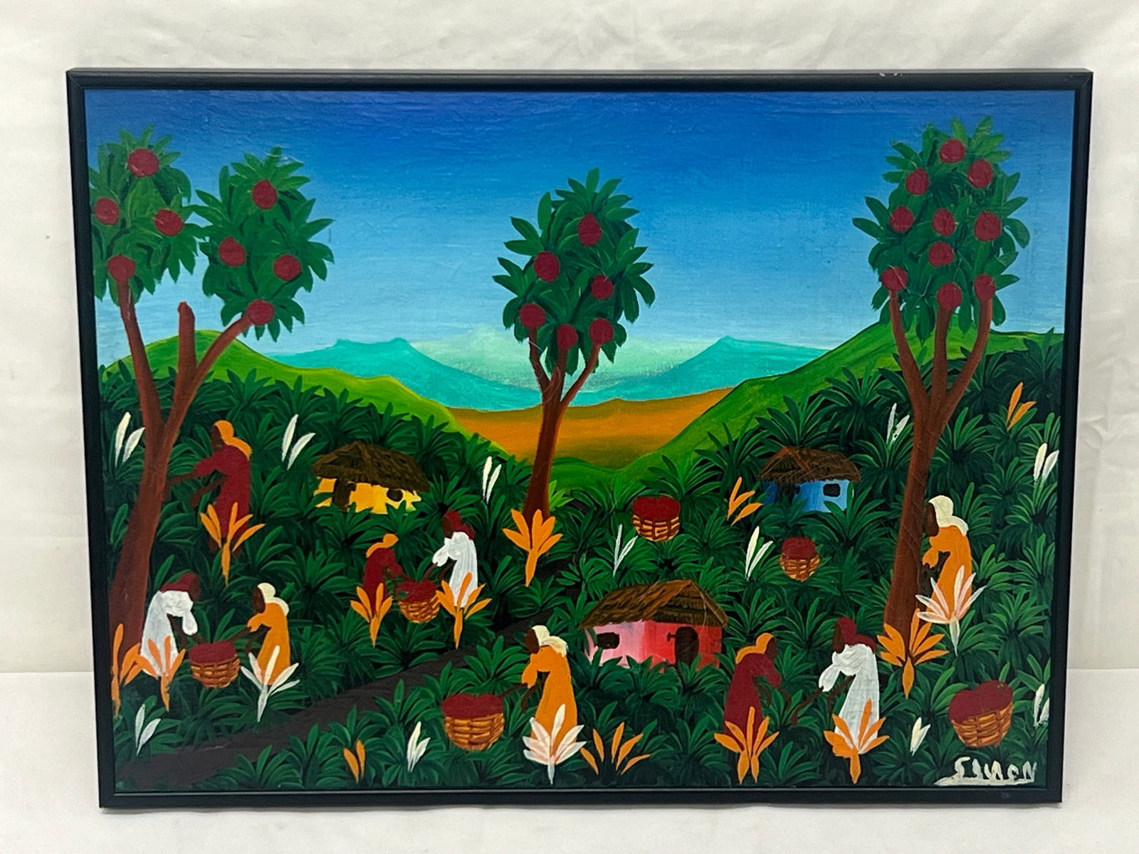 Signed 1950s Haitian Folk Art Painting ''Coconut Harvesters'' - 28.5'' x 18'' (1 of 3)