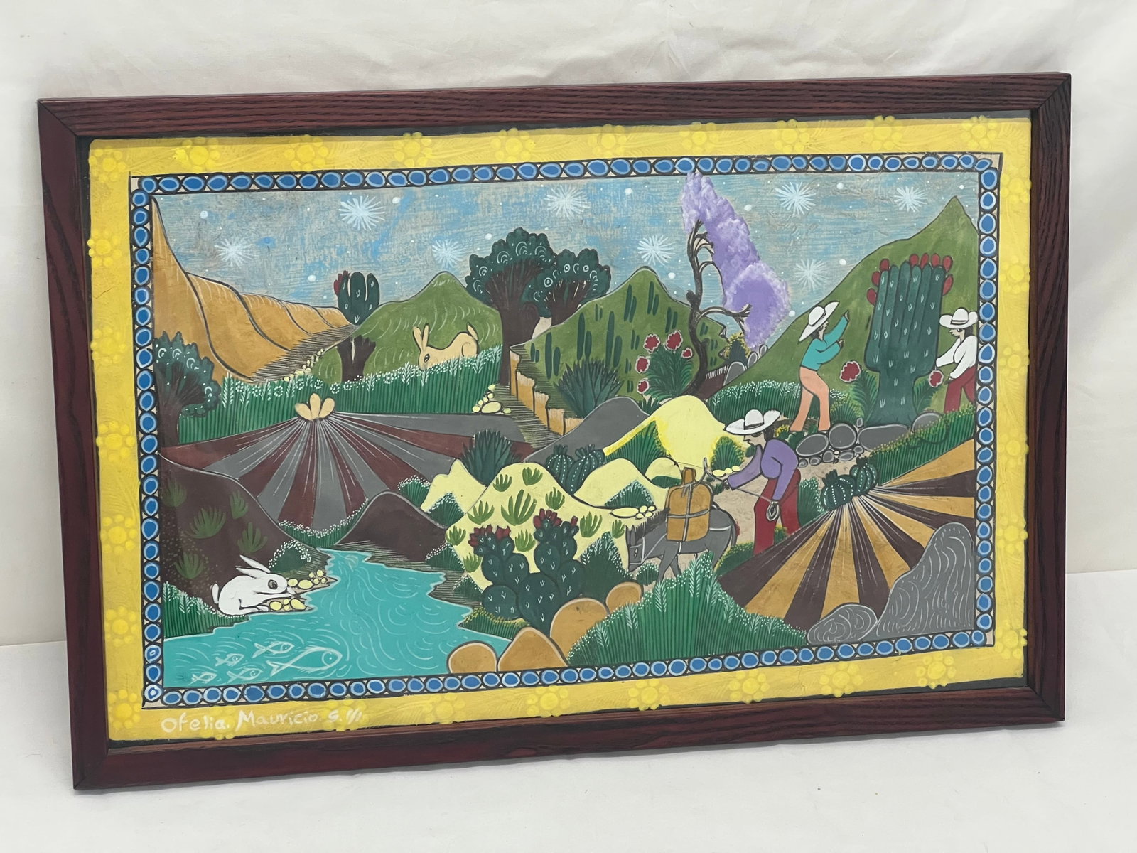 Signed 1945 Bolivian Folk Art Painting 'Ofelia Mauricio' - Titled ''Prickly Pear Harvest'' by: Signed 1945 Bolivian Folk Art Painting 'Ofelia Mauricio' - Titled ''Prickly Pear Harvest'' by O.Mauricio - 14'' x 21''