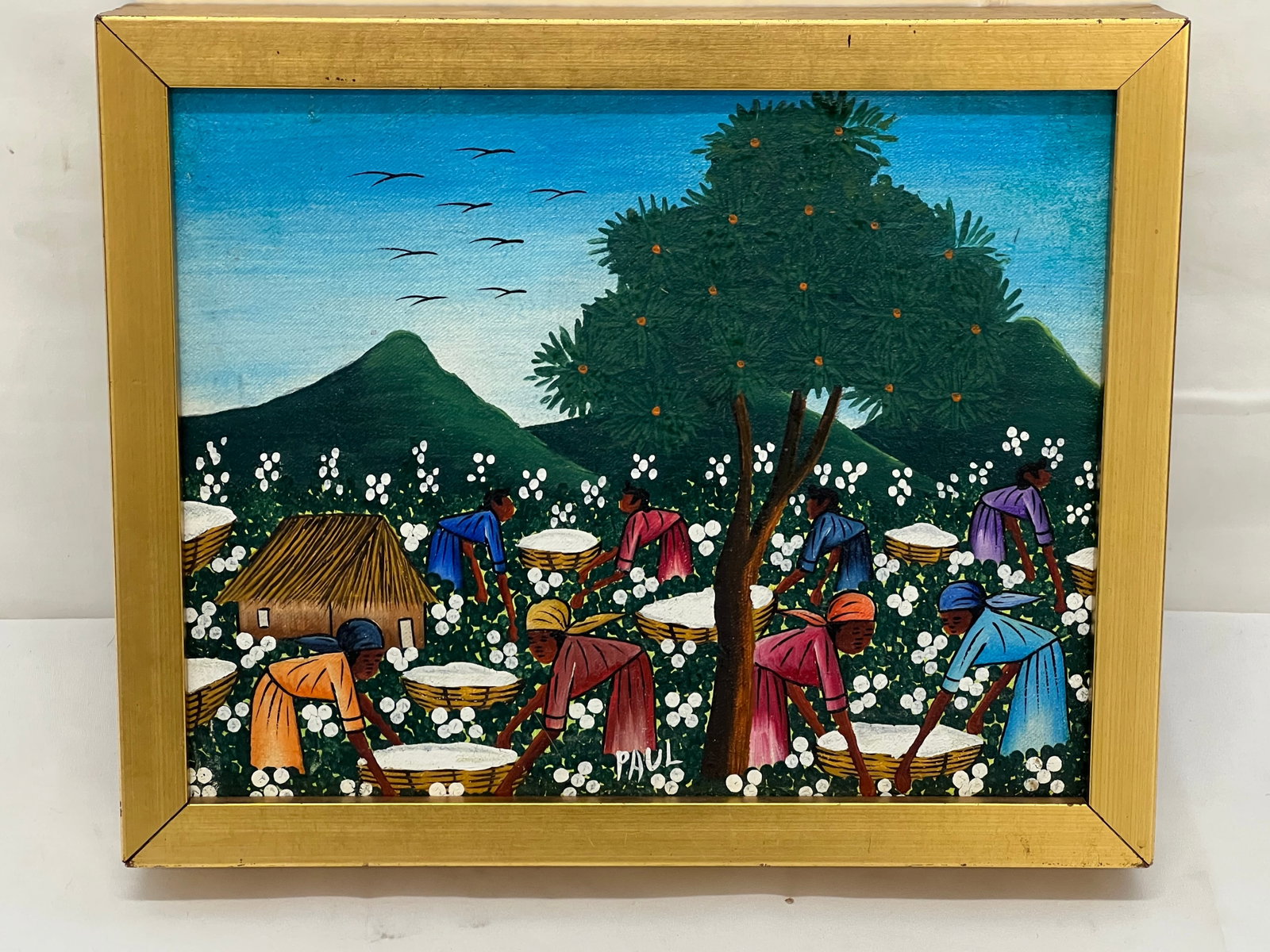 1950s Era Signed Haitian Folk Art Painting ''Cotton Pickers'' - 9'' x 11'': 1950s Era Signed Haitian Folk Art Painting ''Cotton Pickers'' - 9'' x 11''