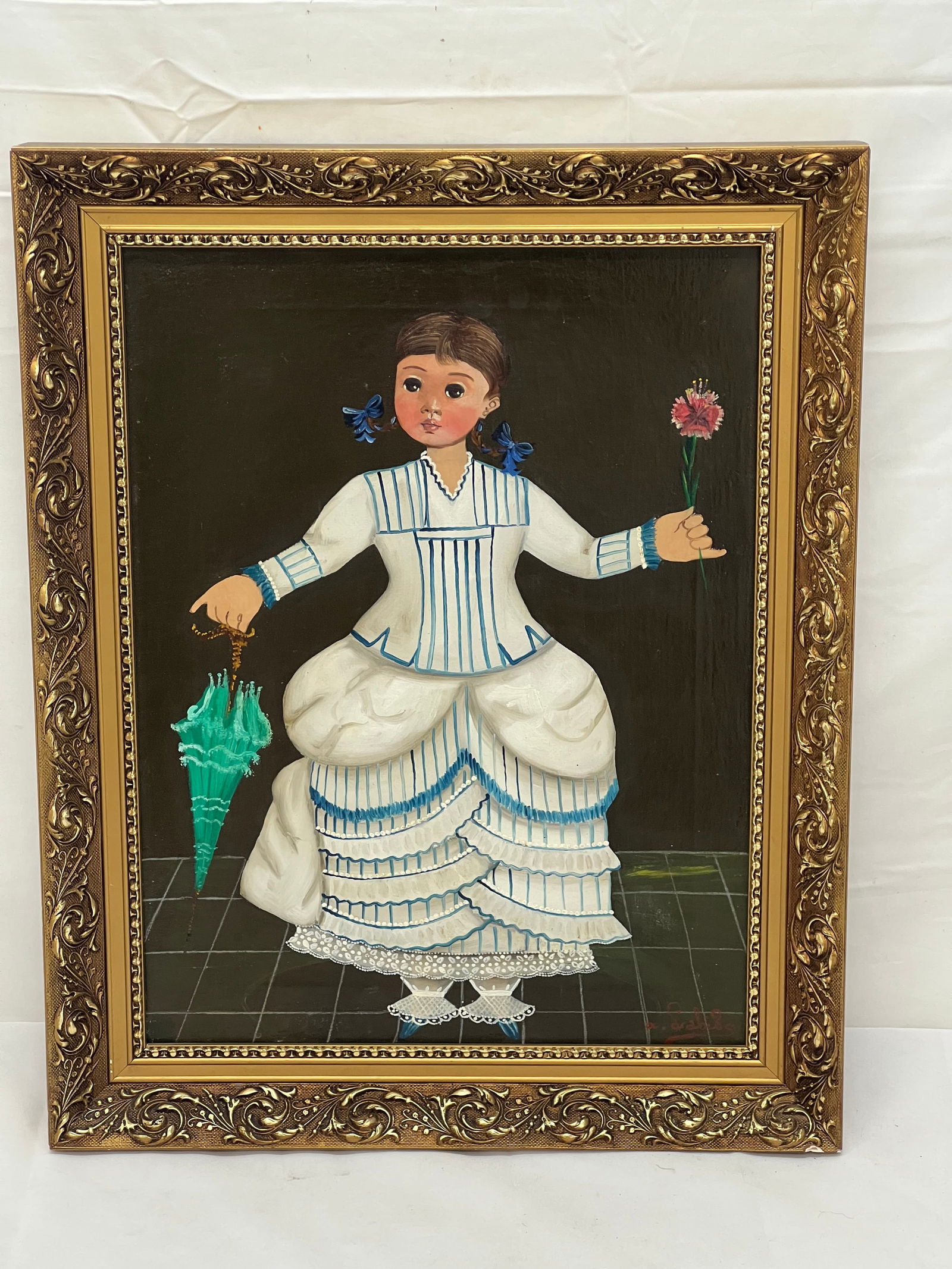 Agapito Labios(1898-1996)Original Oil on Canvas Folk Art Girl- ''Girl with Flower'' Signed Bottom: Agapito Labios(1898-1996)Original Oil on Canvas Folk Art Girl- ''Girl with Flower'' Signed Bottom Right in Ornate Frame 16'' x 20'' , Sight 12.75'' x 17'' (See Photos, Small Repair)