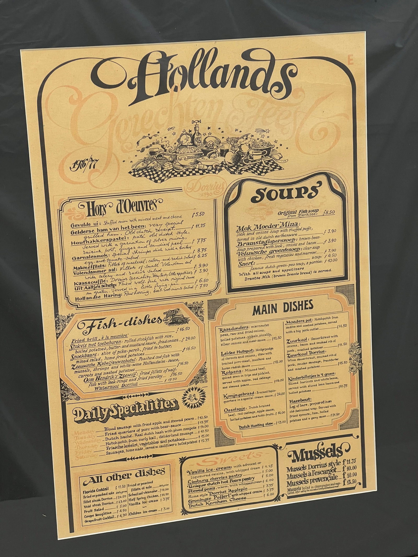 1976/1977 Hollands Gerechten Feest Menu, Framed 19'' x 25'': 1976/1977 Hollands Gerechten Feest Menu, Framed 19'' x 25''