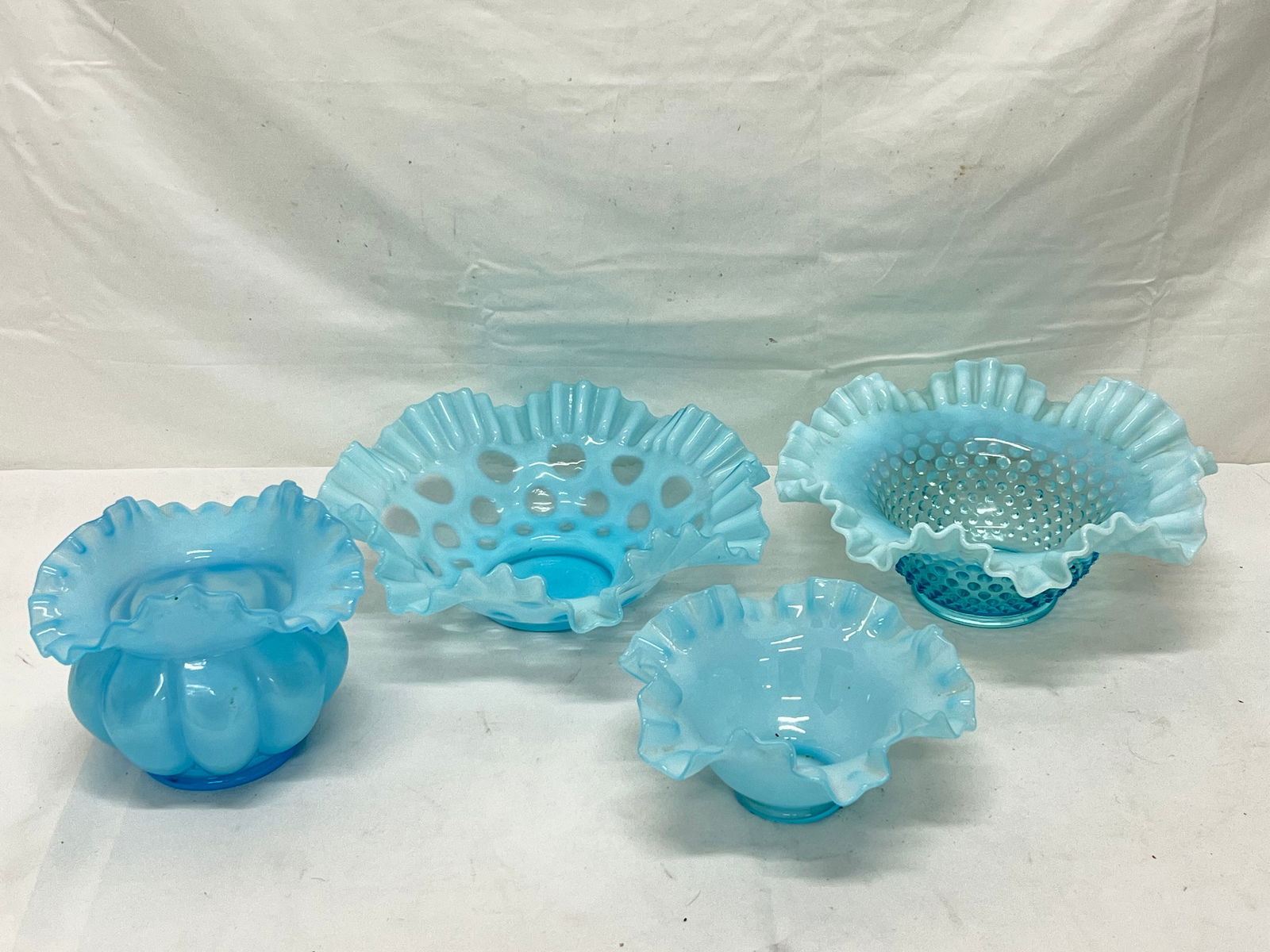 Asst Blue Fenton Bowls & Vase - Hobnail 10'' x 4'' , Clear to Blue 10'' x 4'', Ruffled Edge Candy (1 of 6)