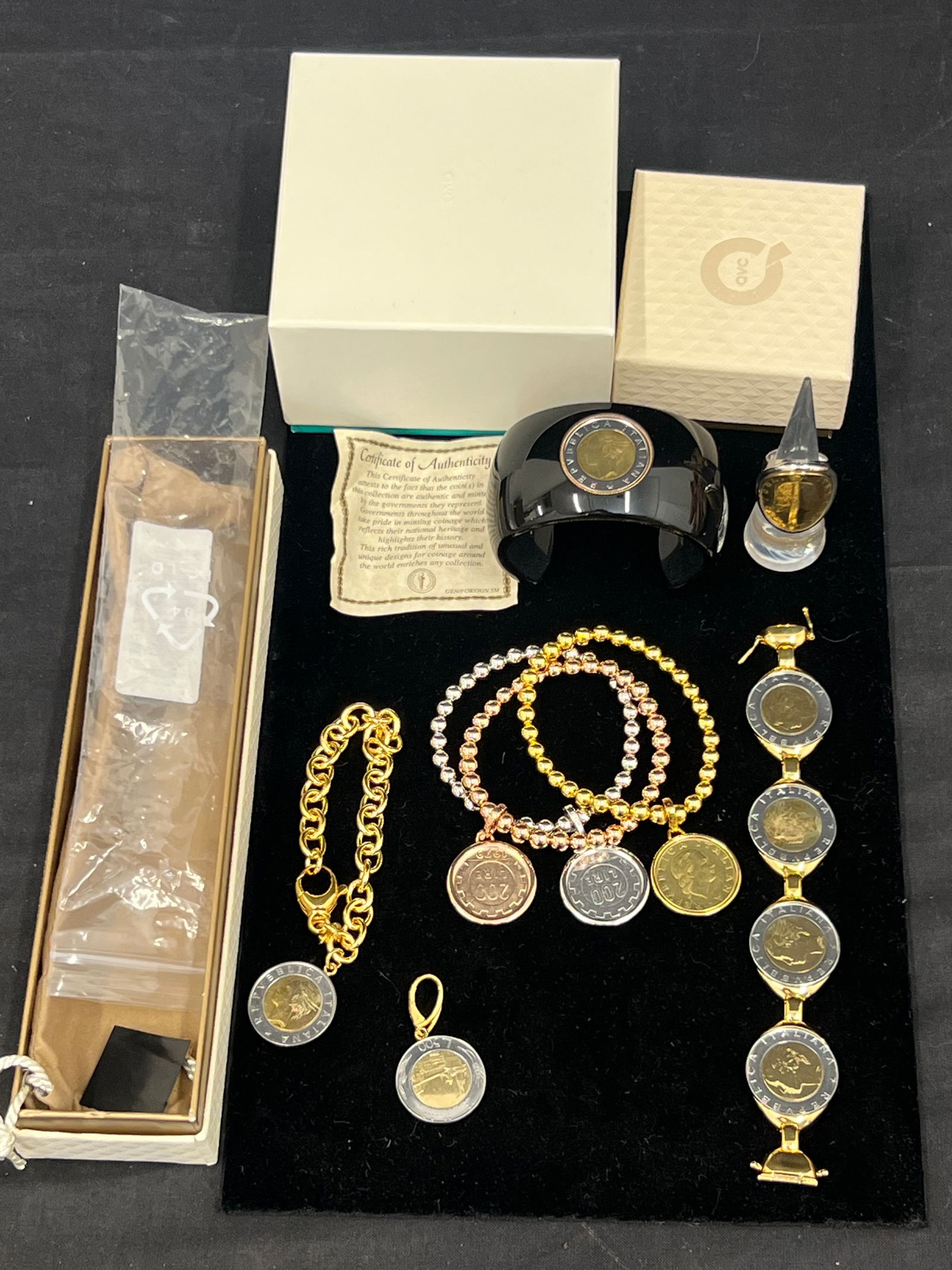 8pcs Milor Italy Lira Coin Jewelry - Bronze - Bracelets, Ring Sz 7, Pendant Cuff Bracelets - Most: 8pcs Milor Italy Lira Coin Jewelry - Bronze - Bracelets, Ring Sz 7, Pendant Cuff Bracelets - Most New with Boxes