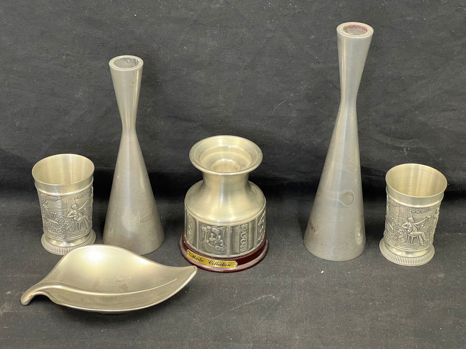 Frieling Zinn Pewter, Cups, Candlesticks, Dish - Umbro Leaf Dish, Pr Modern Metal Candlesticks 9'',: Frieling Zinn Pewter, Cups, Candlesticks, Dish - Umbro Leaf Dish, Pr Modern Metal Candlesticks 9'', Frieling Cups & Holder