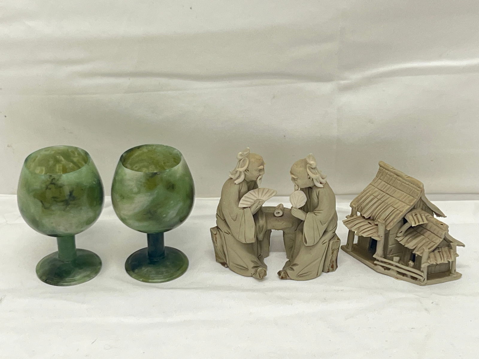 Pr Chinese Jade Goblets, Pr Mud Men - Goblets 2.5''T , Mud Man 3'' x 2.5'' , House 2.5'' x 2'': Pr Chinese Jade Goblets, Pr Mud Men - Goblets 2.5''T , Mud Man 3'' x 2.5'' , House 2.5'' x 2''