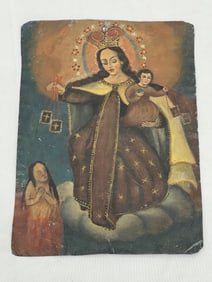 Antique Cuzco School Spanish Colonial Oil Retablo on Tin -  Virgin Mary & Jesus on Tin 7.75'' x