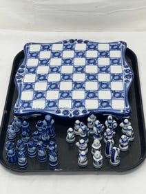 Gzhel Handpainted Russian Chess Set, Signed - Signed on Porcelain Chess Board with (32)Handpainted