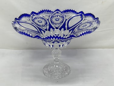 Cobalt Blue Cut to Clear Crystal Pedestal Compote - 12'' x 8''T