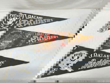 (3)1960s-70s Oakland Raiders Football Pennants - 1967 , 1960s The Silver & Black with Button Pin,