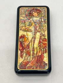 Handpainted Signed Russian M.O.P. Laquer Box - Titled ''Autumn Mood'', Signed on Bottom, 5.75'' x