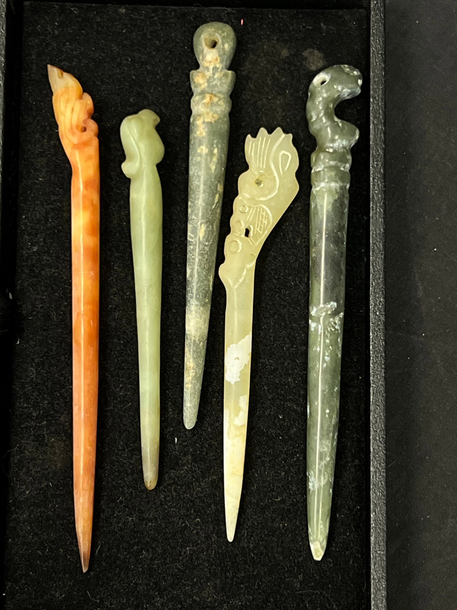 (5)Antique Chinese Jade & Stone Carved Hair Pins - Various Carvings & Size 4.5'' - 6'': (5)Antique Chinese Jade & Stone Carved Hair Pins - Various Carvings & Size 4.5'' - 6''