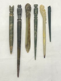(6)Antique Chinese Carved Jade & Stone Hair Pins - Various Designs & Sizes 4'' - 8''L