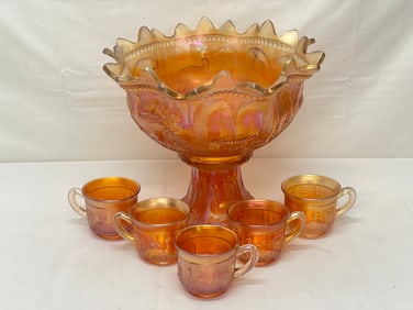 Vintage Northwood Peacock at the Fountain Punch Bowl Set- Bowl 11'' x 6'' , Stand 4.25''T,