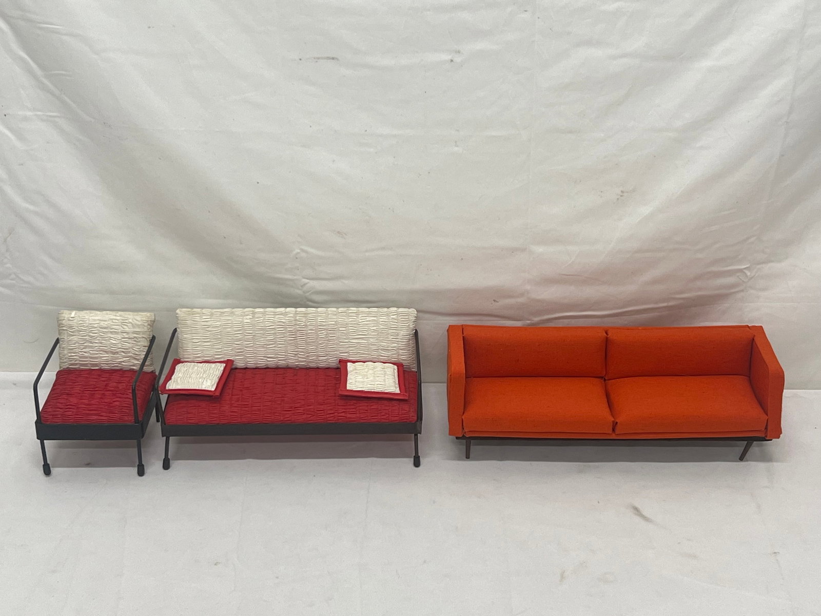 1950s Watko Doll Furniture Chair & Sofa, MCM Couch: MCM Wood Base Orange Couch 11.25" x 3.75" x 4" , Watko Red Cream Couch 9" x 4" x 4.25", Chair 3.5" x 3.75" x 4" with 2 Throw Pillows