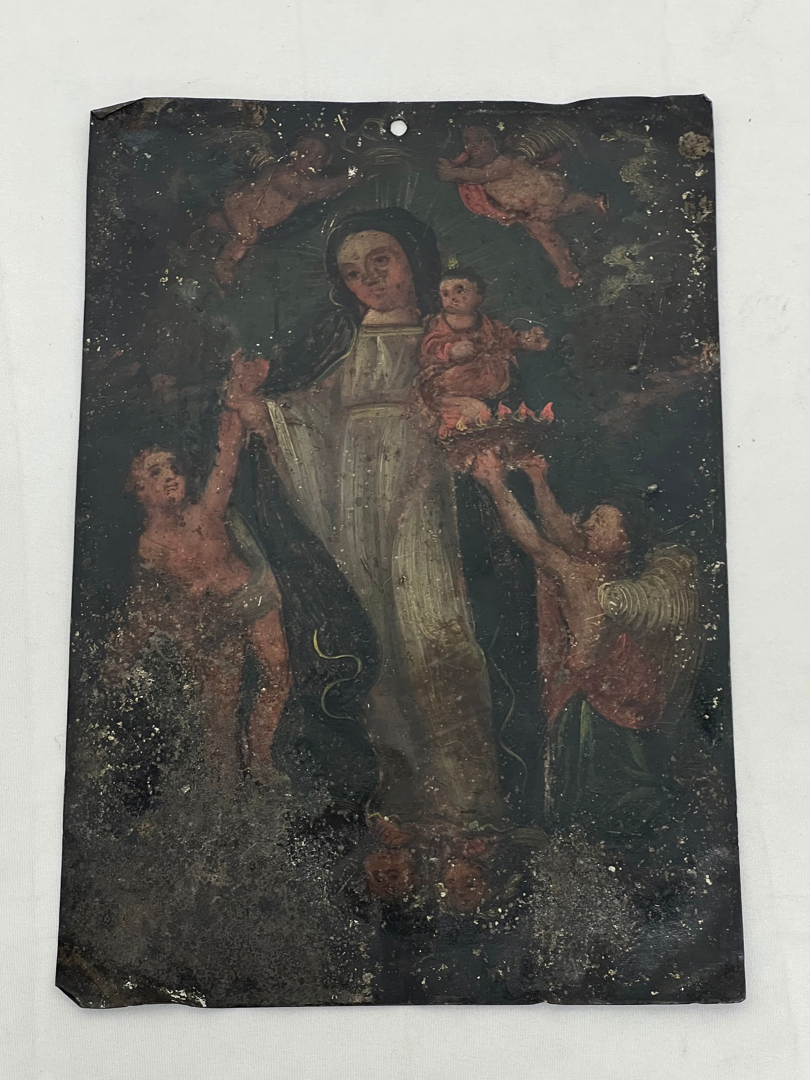 Antique Mexican Folk Art Handpainted Retablo on Tin 7" x 10" (1 of 2)