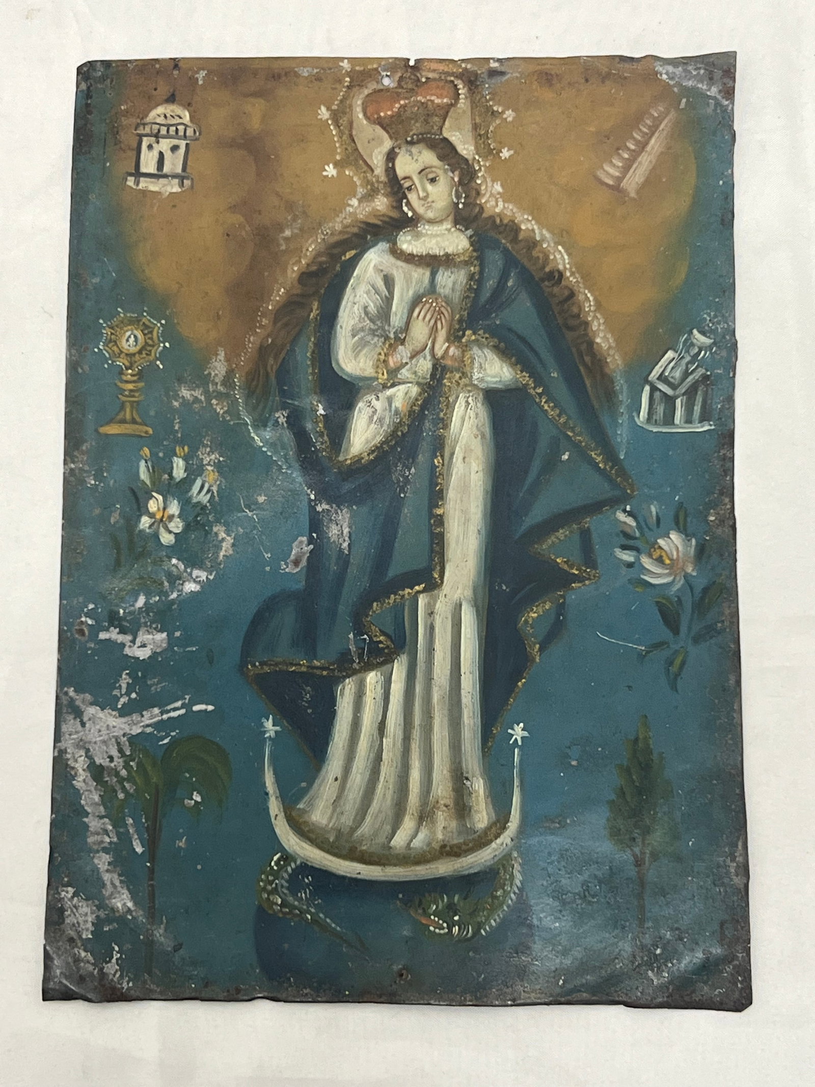 Antique Spanish Colonial Handpainted Retablo on Tin, 7.75" x 11" (1 of 2)