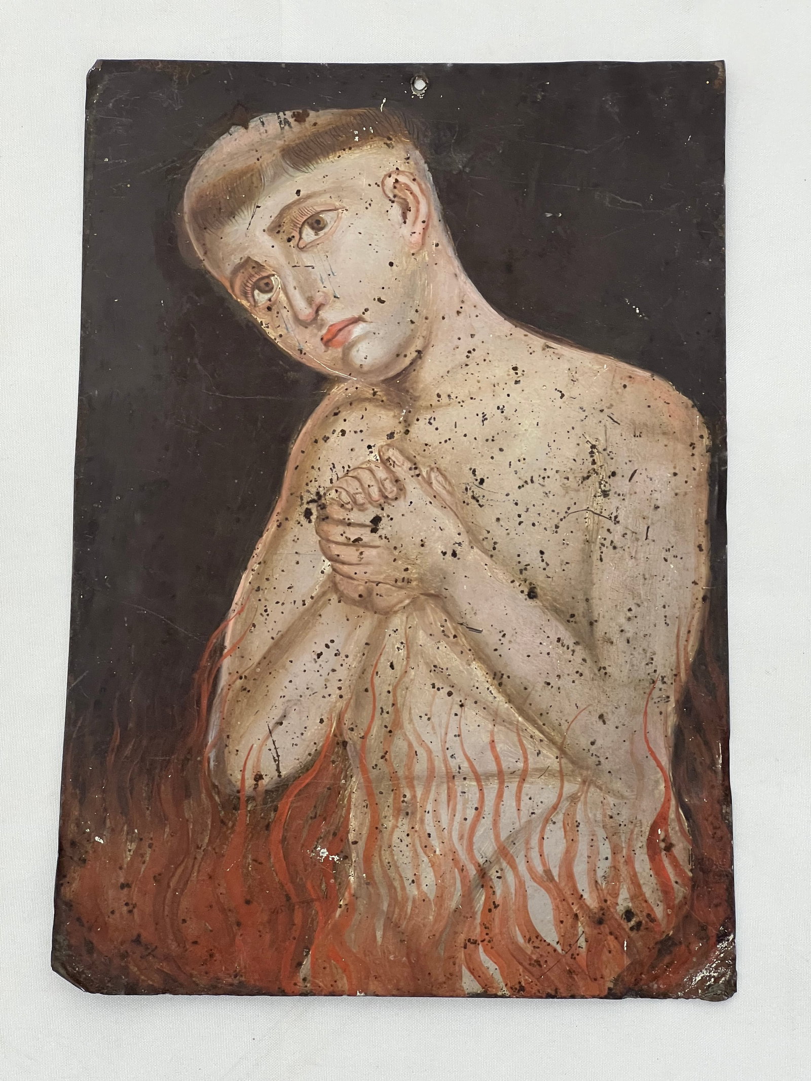 Antique Spanish / Mexican Handpainted Retablo on Tin 7" x 10.25" (1 of 2)