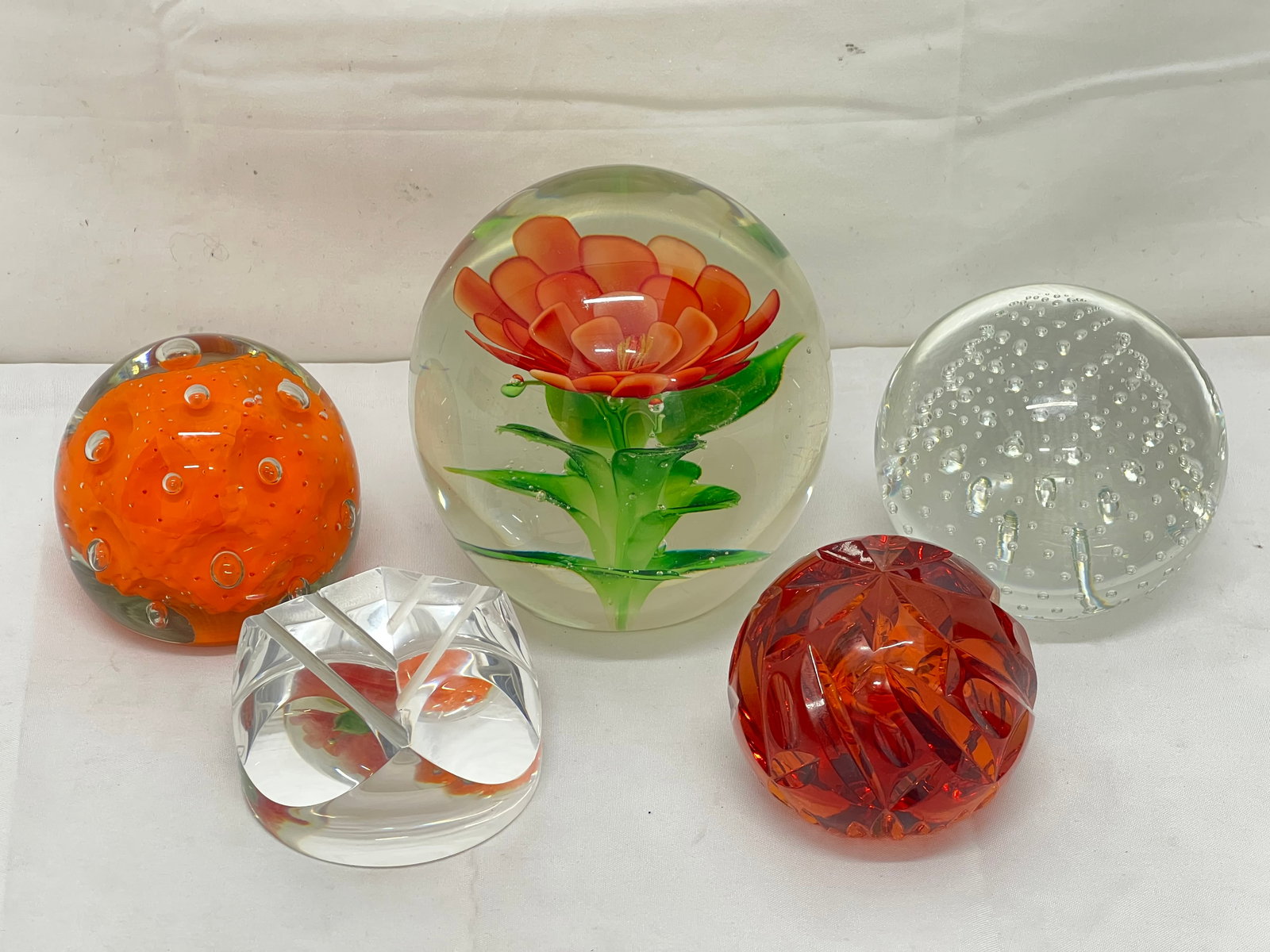 (5)Asst Art Glass Paperweights - Vintage MC Orange Flower 5''T, Wheat on Village Control Bubbles, (1 of 8)