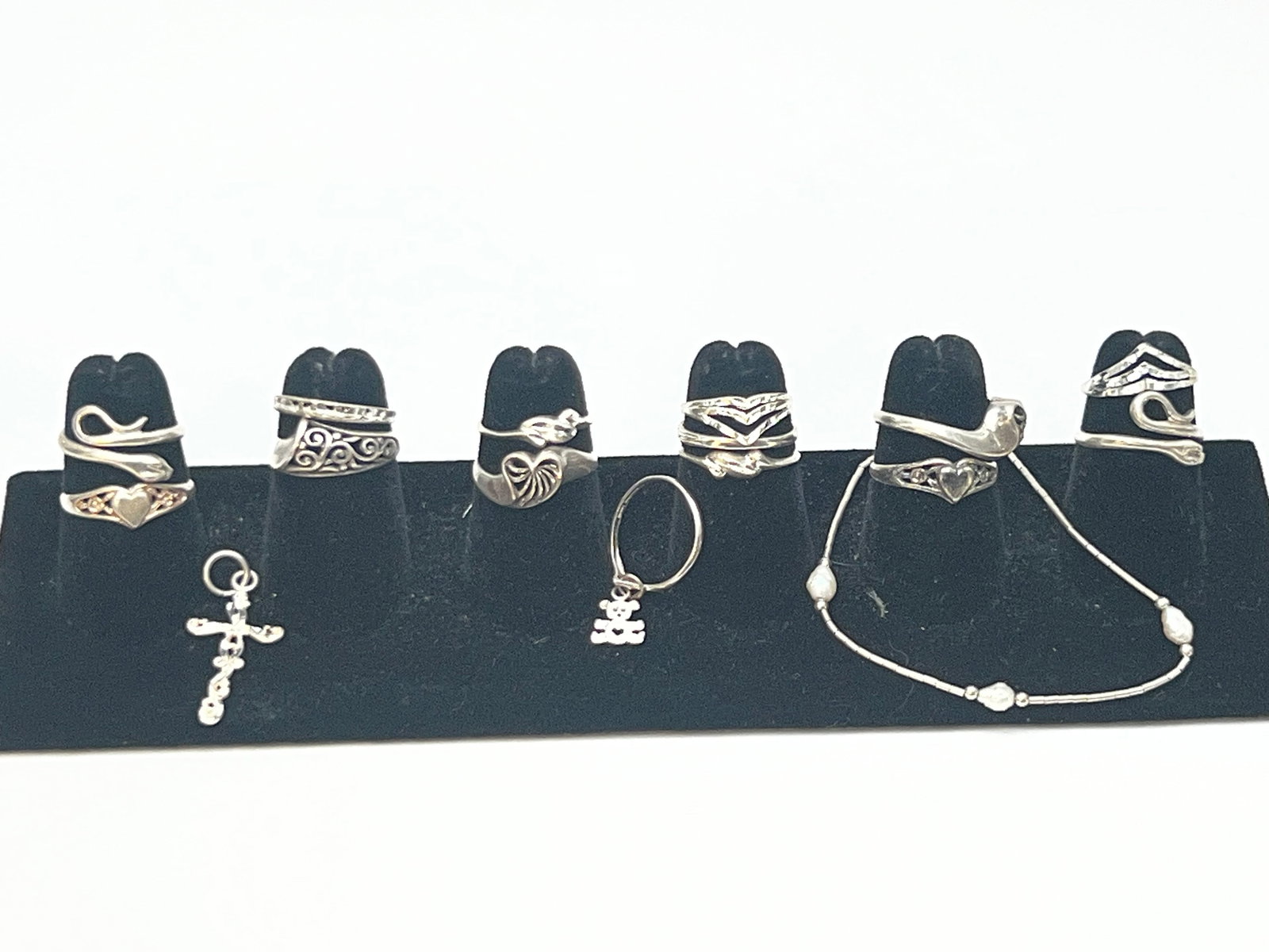 16pcs Sterling Silver Jewelry - (14)Asst Rings in Various Sizes, Cross Pendant, Bracelet with Pearls (1 of 5)