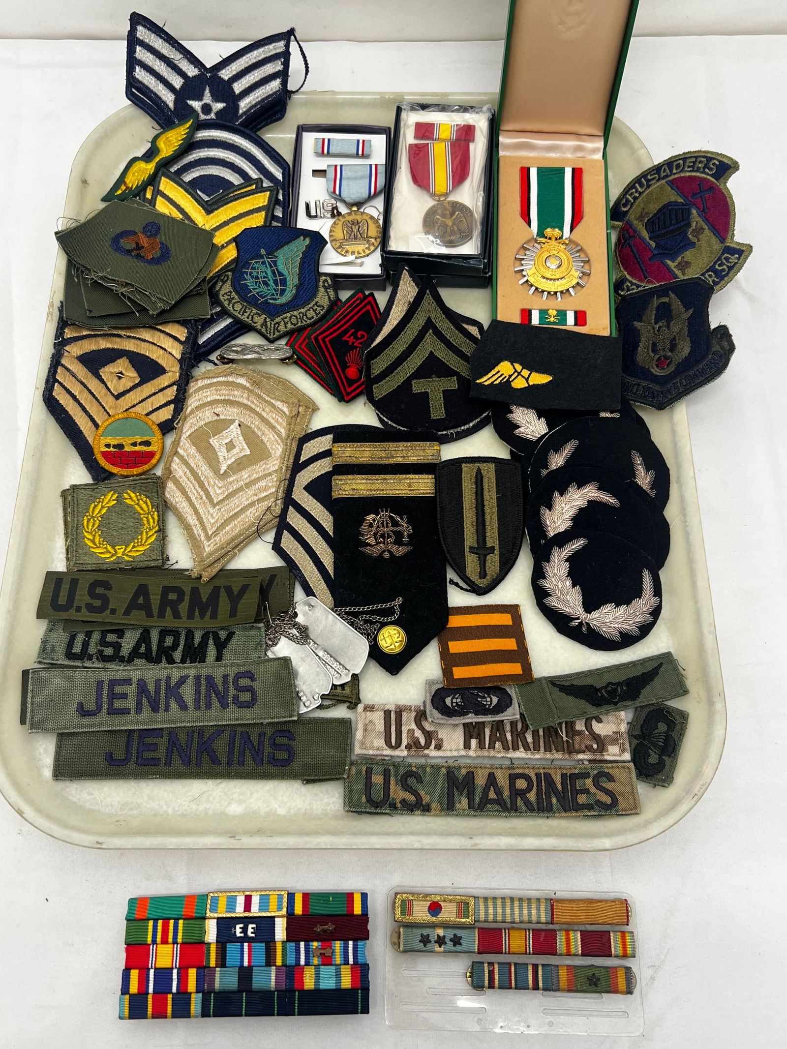 Lot of Military Patches, Dog Tags + More - 1st Sergeant Patches, Officers Cap Badge Wreaths, Service (1 of 10)