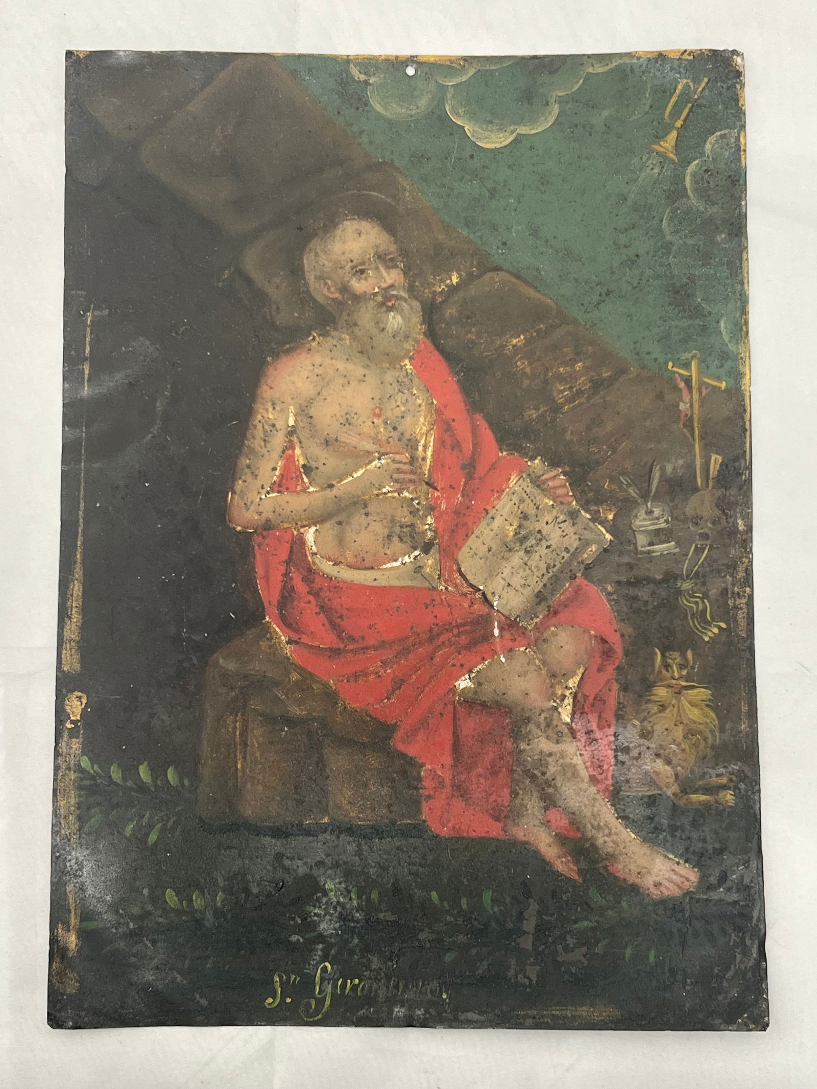 1800s Antique Spanish Handpainted Retablo on Tin 10'' x 14'': 1800s Antique Spanish Handpainted Retablo on Tin 10'' x 14''