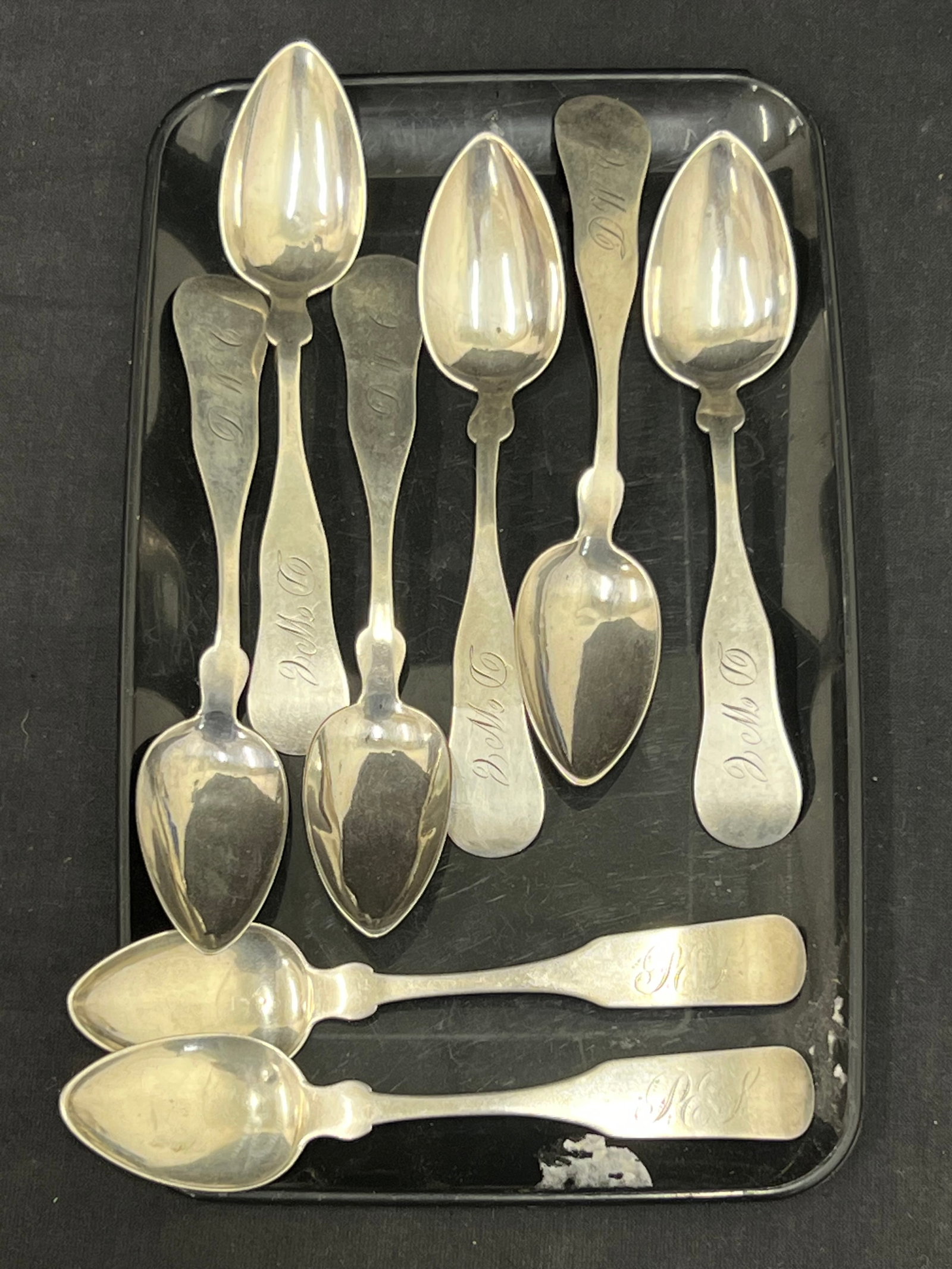 (8).900 Coin Silver Fiddle Back Teaspoons, TW 46.2g - (6)B.M.M Swan + (2)Jonathon Packard (1 of 3)