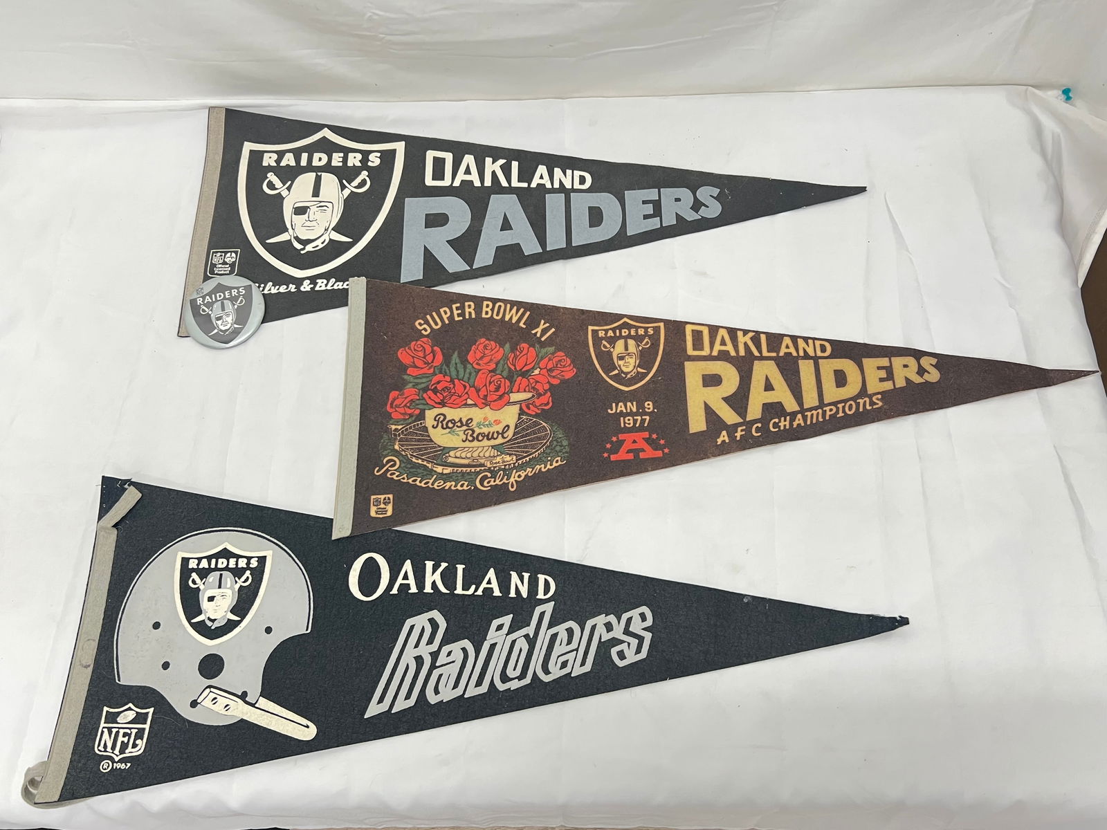 (3)1960s-70s Oakland Raiders Football Pennants - 1967 , 1960s The Silver & Black with Button Pin, (1 of 5)