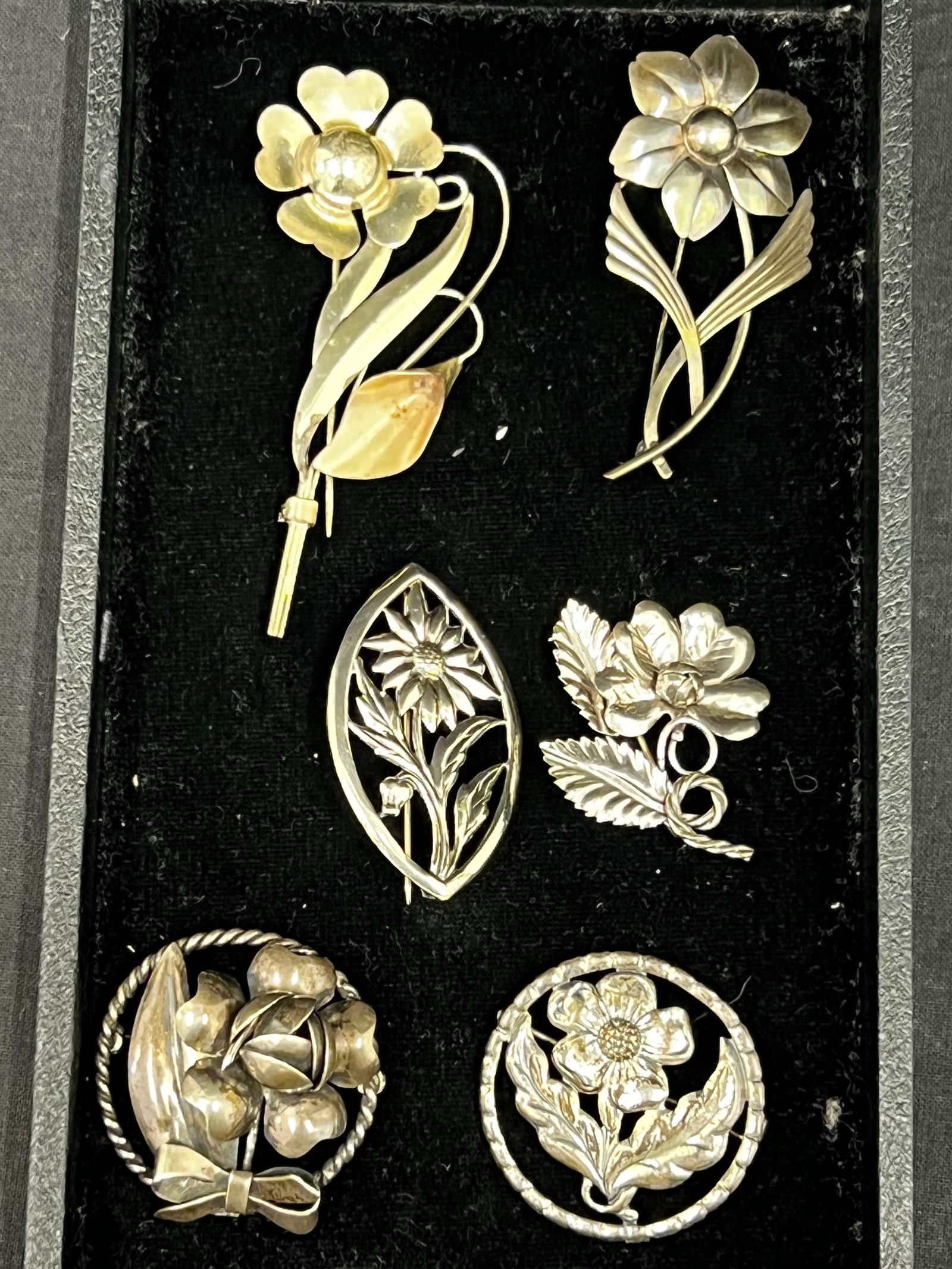 (6)Vintage Sterling Silver Flower Brooch Pins - Some Handmade Sterling - Asst Makers / Styles / (1 of 1)