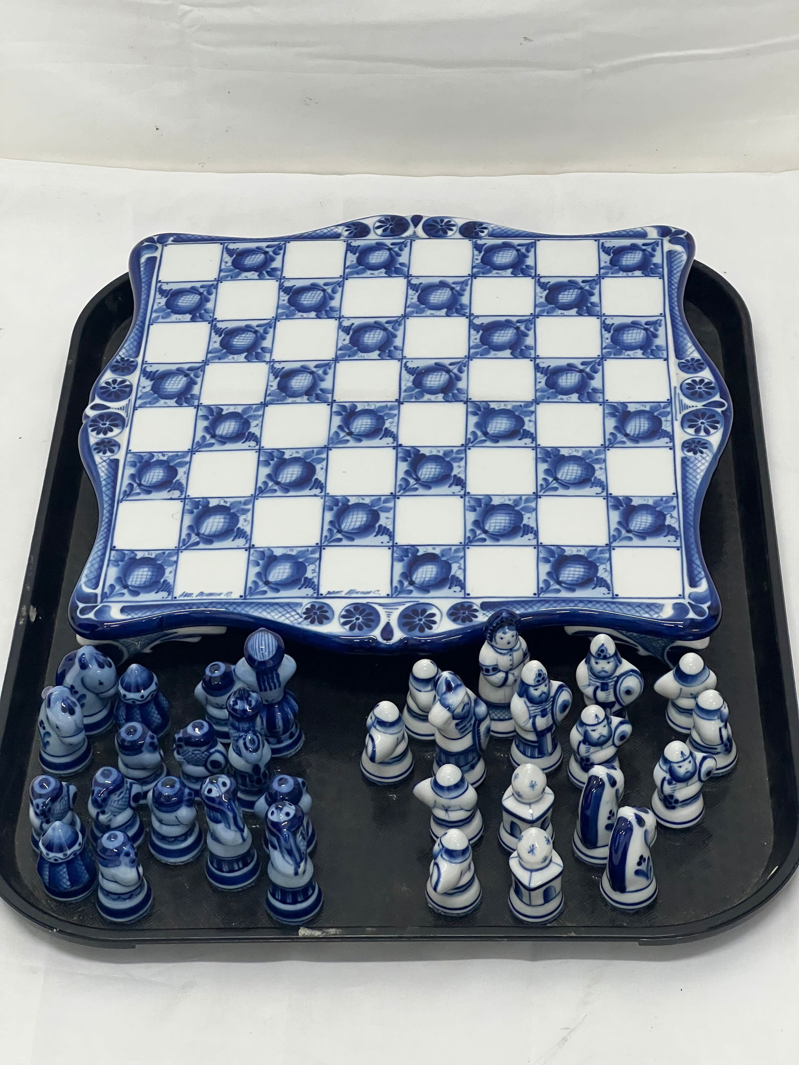 Gzhel Handpainted Russian Chess Set, Signed - Signed on Porcelain Chess Board with (32)Handpainted (1 of 5)