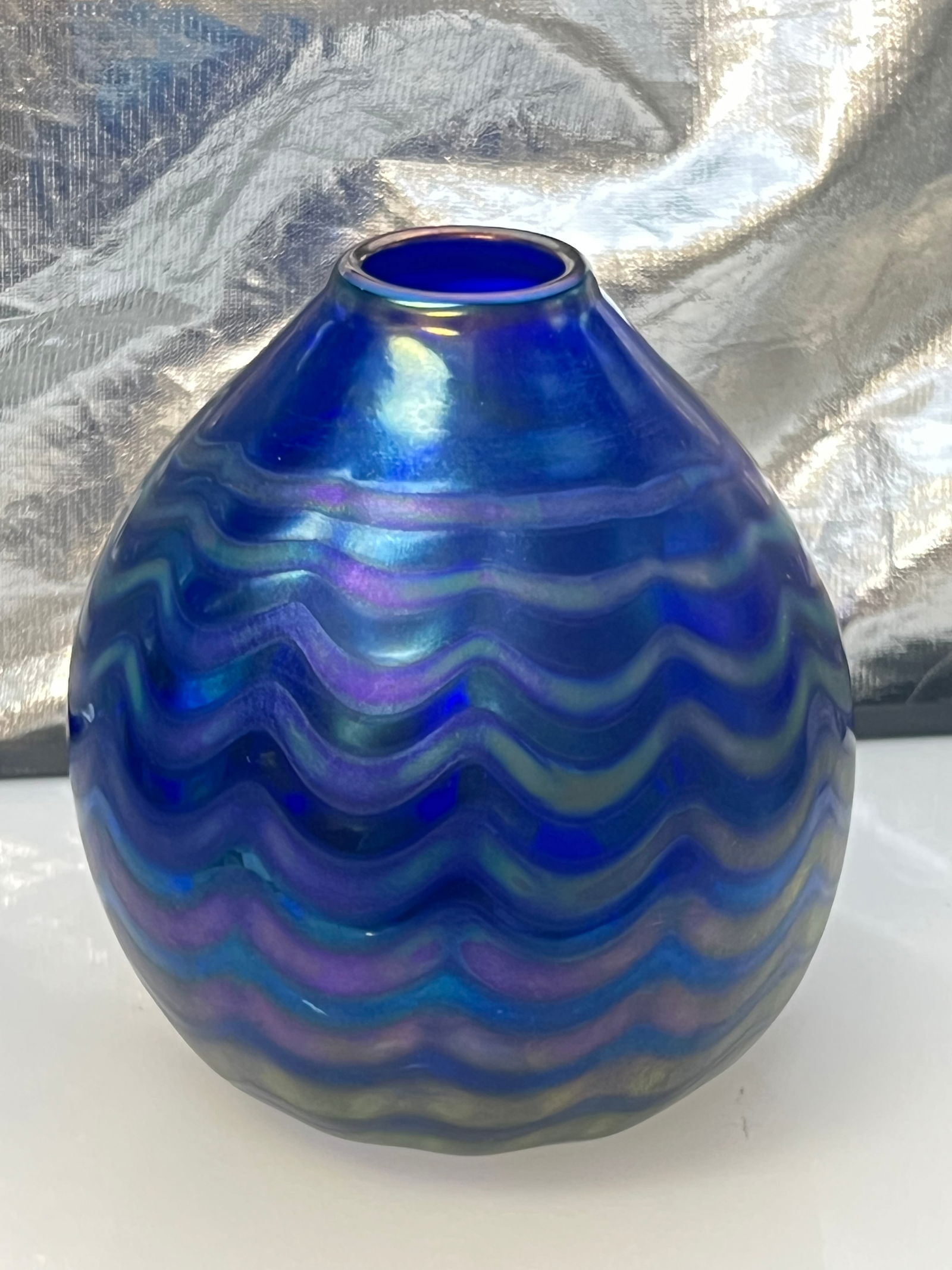 Signed Blue / Purple Art Glass Vase 5.5'' , Signed 'Magic Sands' (1 of 3)