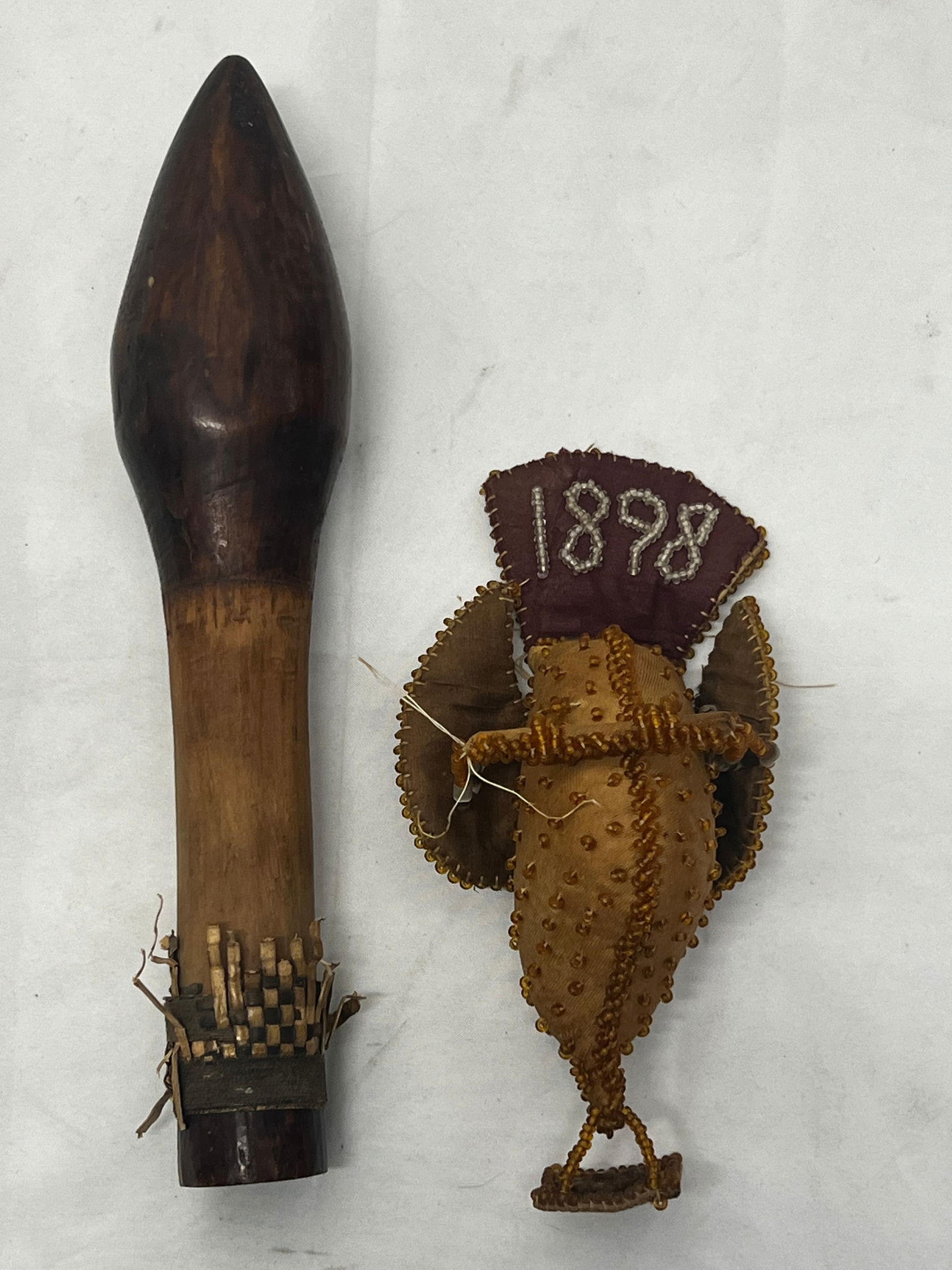 1898 Iroquois Native American Whimsy, Club - Beaded handmade Whimsey Bird 1898 , Carved Wood Club (1 of 5)