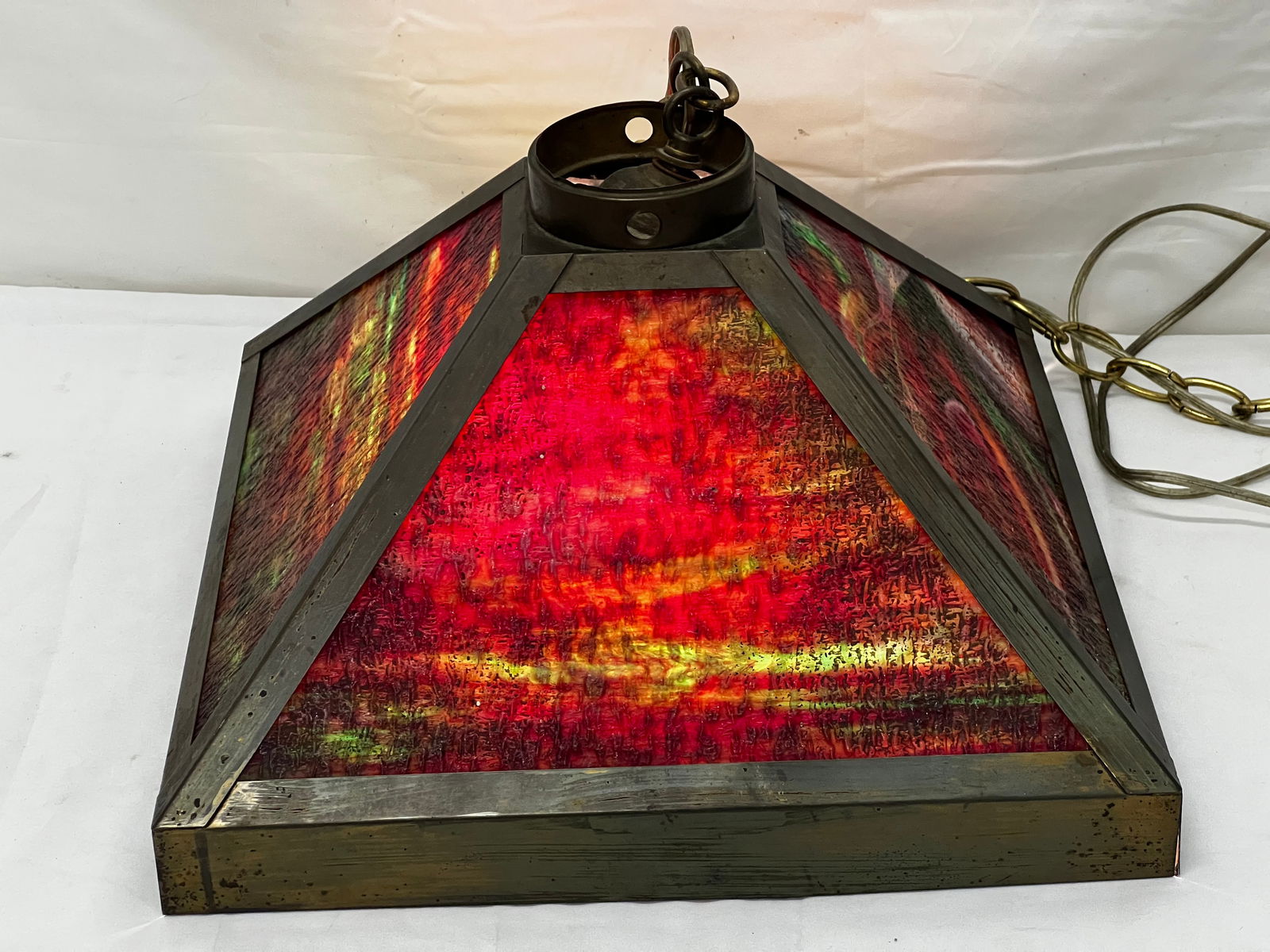 Arts & Crafts Slag Glass Pendant Lamp - Hanging Light Fixture - Red / Green / Amber / Yellow Colors (1 of 4)
