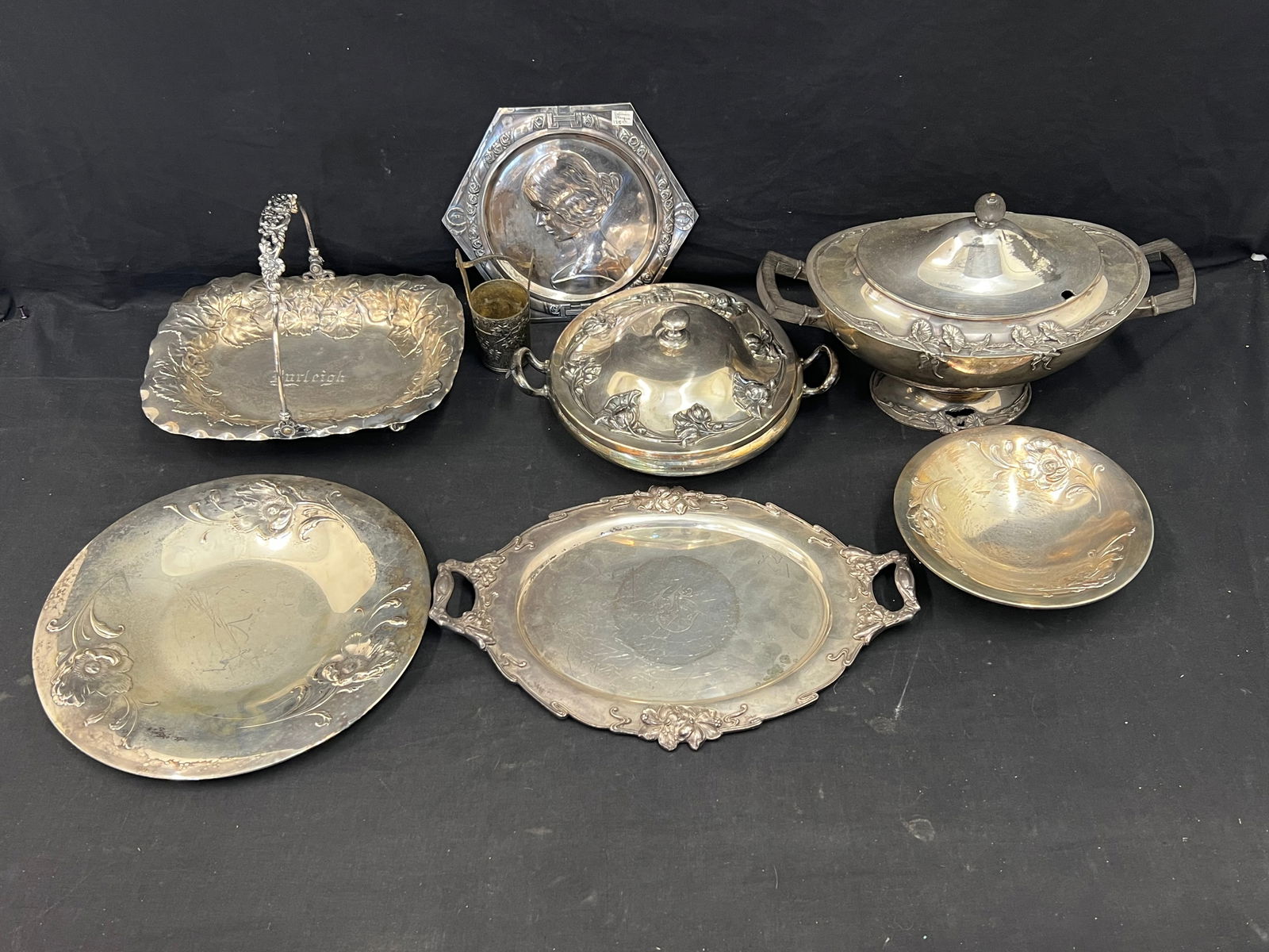 Lot Art Nouveau Floral Motif Silverplated - Tureen with Black Handles, Covered Dish, Platters, (1 of 13)