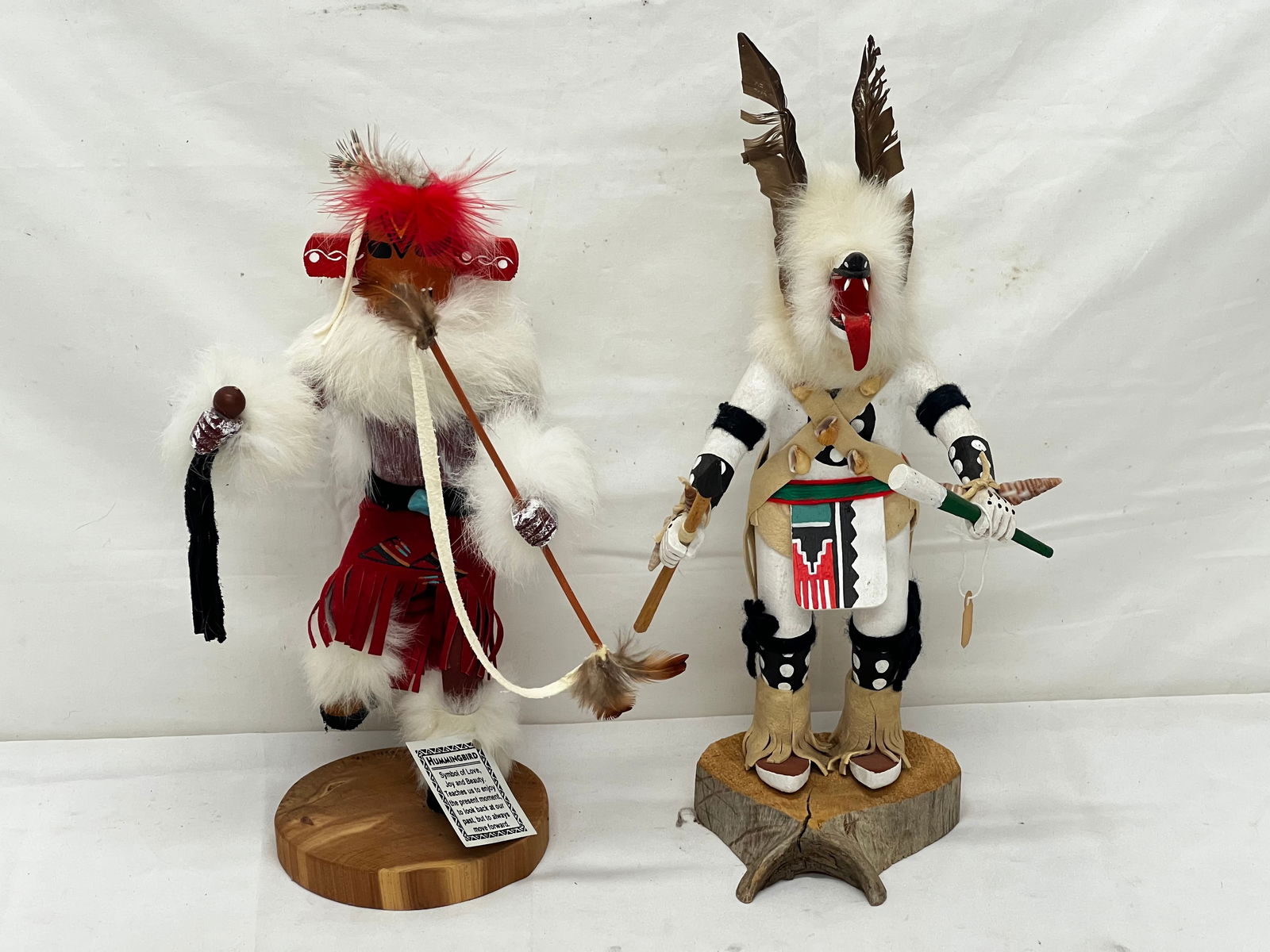 (2)Signed Native American Kachinas - Hummingbird 10.5''T + White Wolf 11''T (1 of 10)