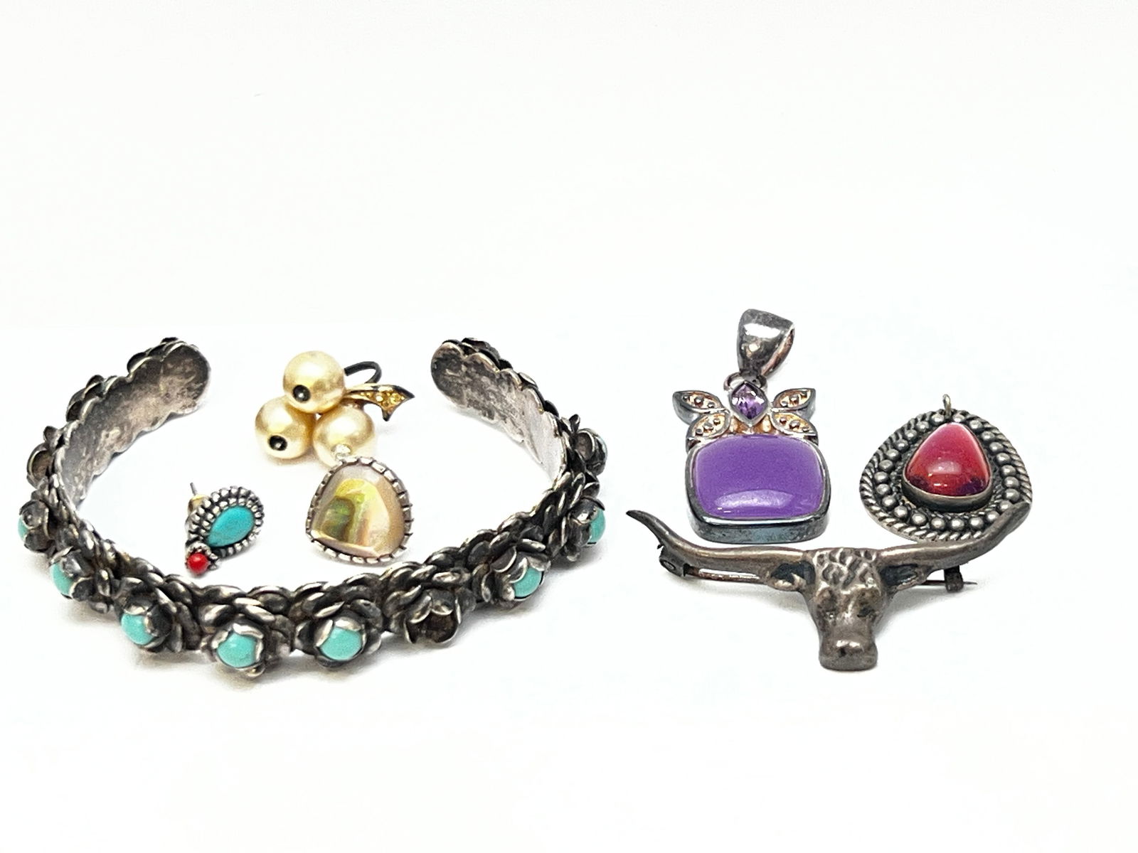 Asst Sterling Silver Jewelry - Bull Pin, Bracelet,More - (2)Gemstone Pendants, Turquoise Sterling (1 of 5)