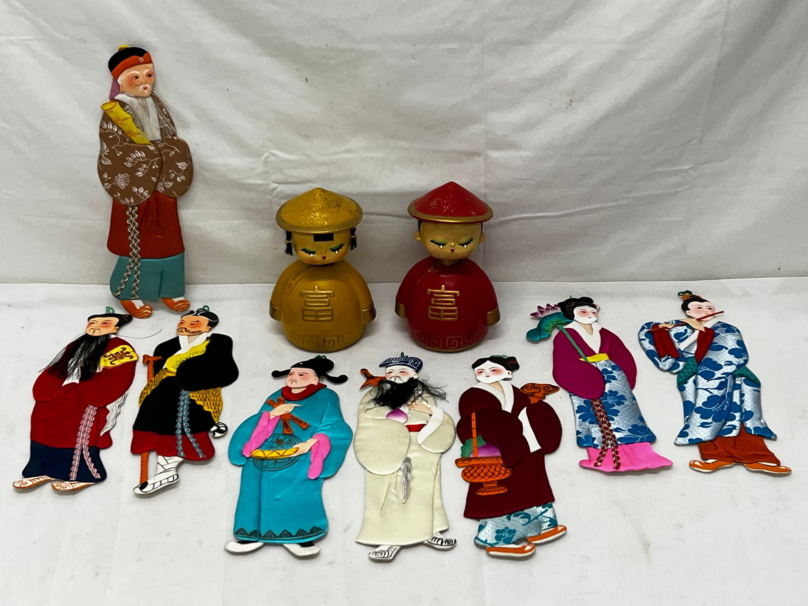 1960s Japanese Bobble Head Bank + Silk Immortals - (8)Silk Immortals 11''T, Nodder Bobble Heads (1 of 6)