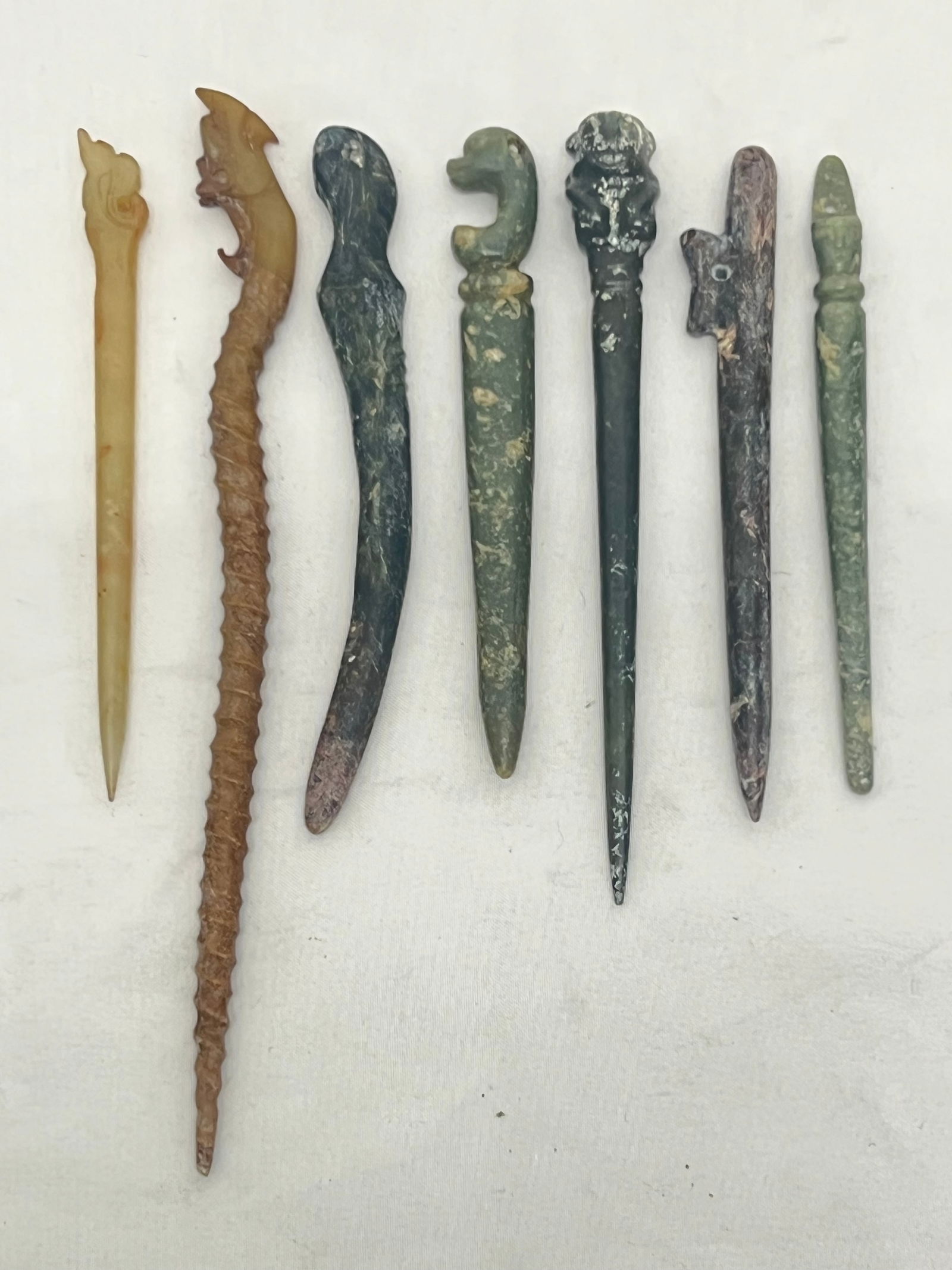 (7)Antique Chinese Carved Jade & Stone Hair Pins - Asst Styles & Sizes 4'' - 8'': (7)Antique Chinese Carved Jade & Stone Hair Pins - Asst Styles & Sizes 4'' - 8''