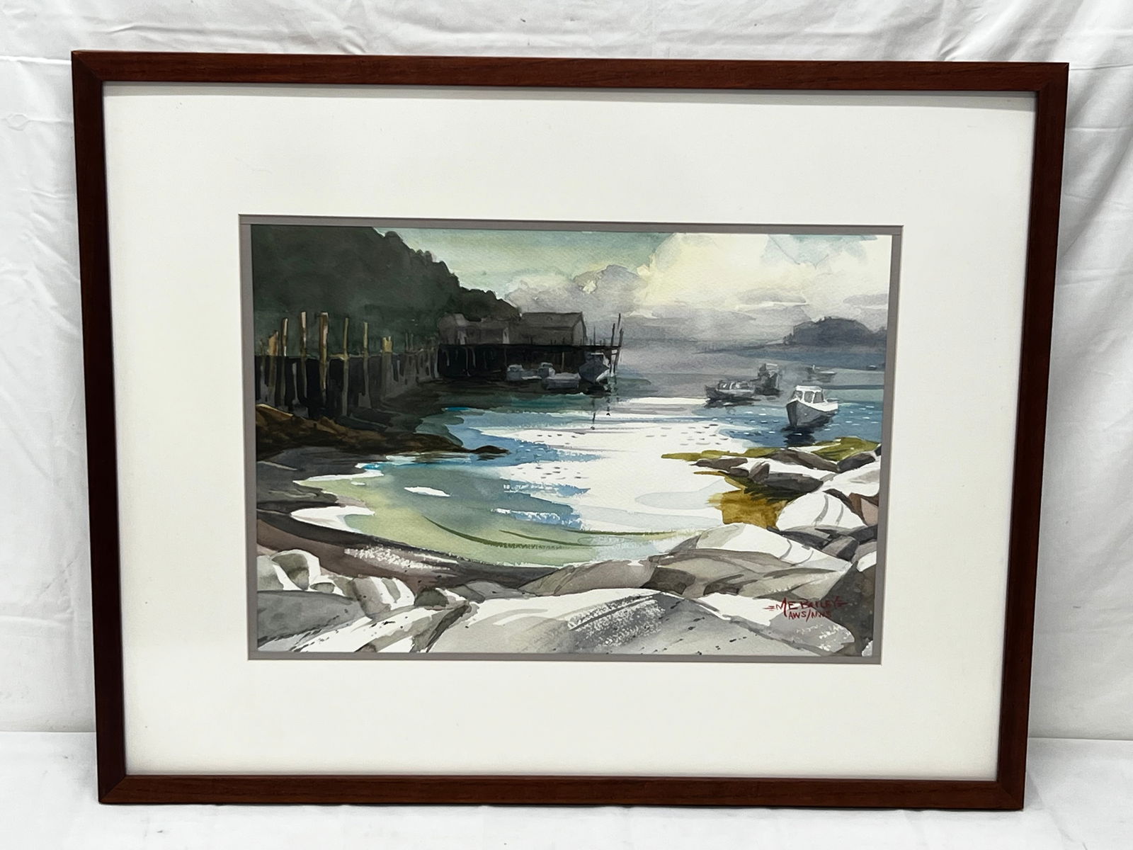 Mike Bailey(1943-2025)Original Watercolor of Harbor - Signed with Info on Back, Framed 23.25'' x (1 of 5)