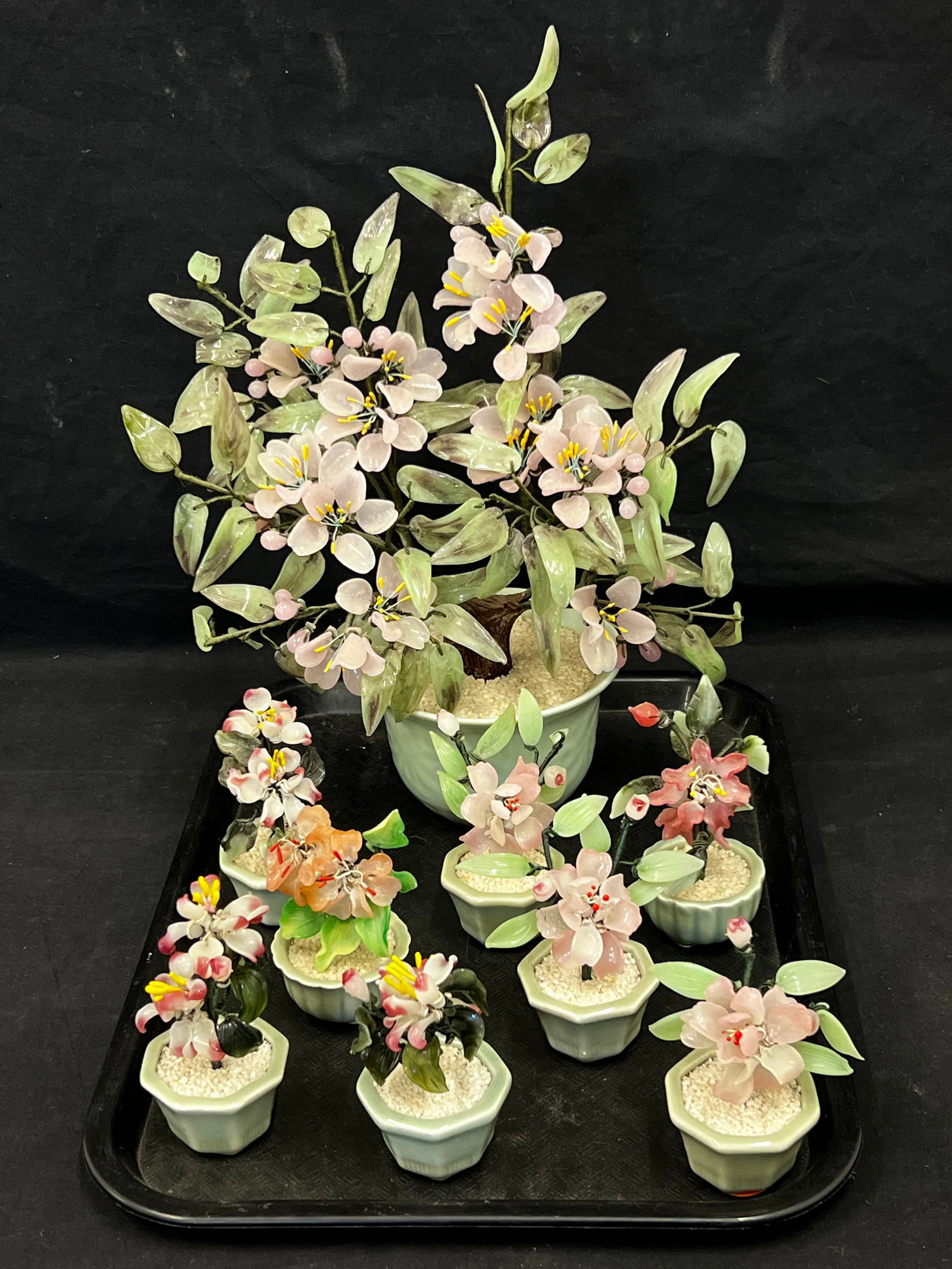 (9)Asian Jade Quartz & Stone Trees - (8)Miniature 4.5''T + (1)15''T - All with Celedon Pottery Vases (1 of 7)