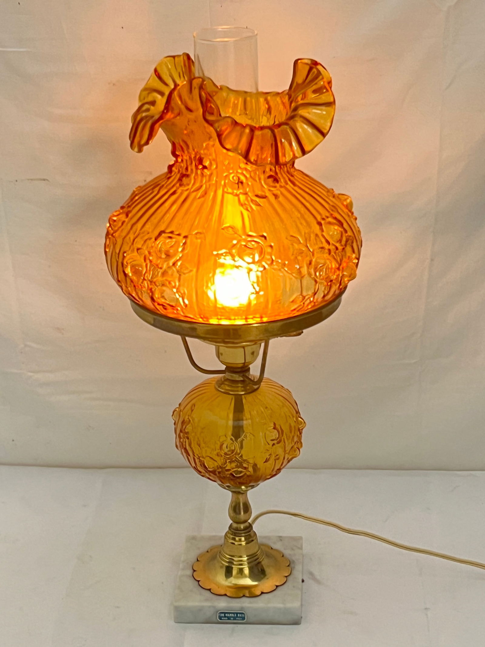 Vintage Fenton Amber Glass Ruffle Top Lamp with Fine Marble Base Italy: Vintage Fenton Amber Glass Ruffle Top Lamp with Fine Marble Base Italy